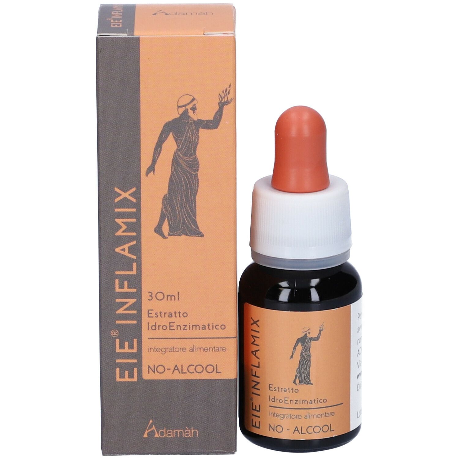Braune Glasflasche mit Tropfer und Kartonverpackung. Aufschrift EIE INFLAMIX und 30 ml. Karton mit Abbildung.