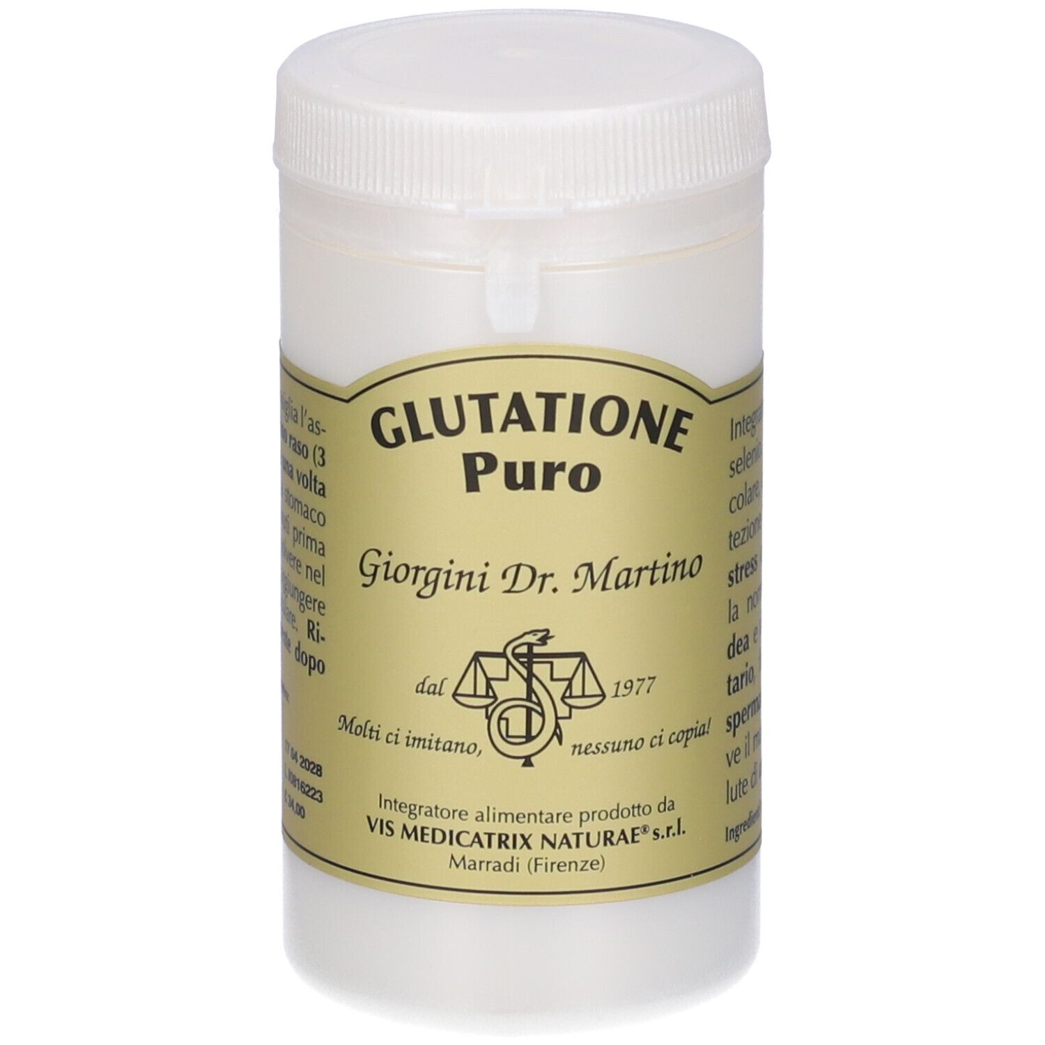Récipient blanc avec bouchon à vis. Inscription: Glutathion Puro, Giorgini Dr. Martino.