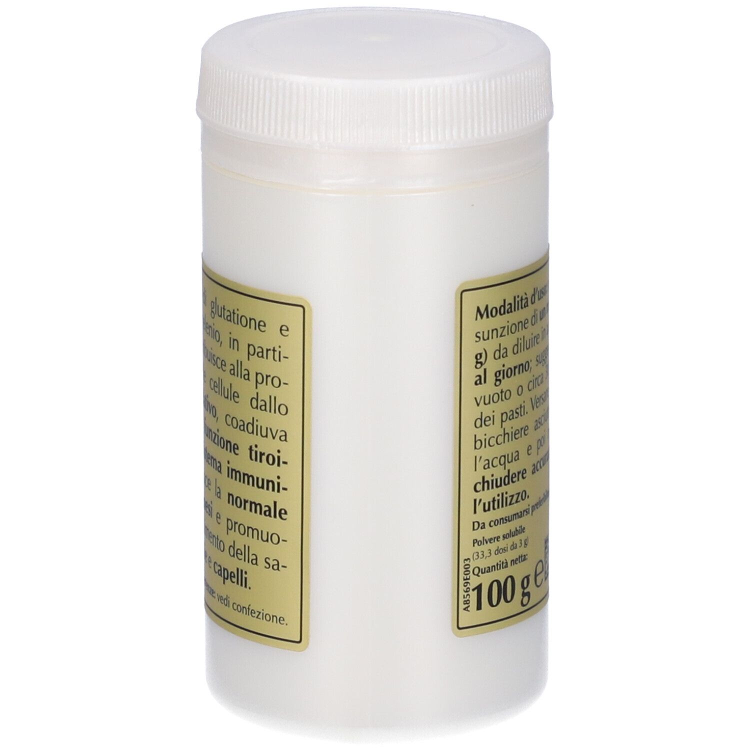 Récipient blanc avec bouchon à vis. Inscription: Glutathion Puro, Giorgini Dr. Martino. 100 g.