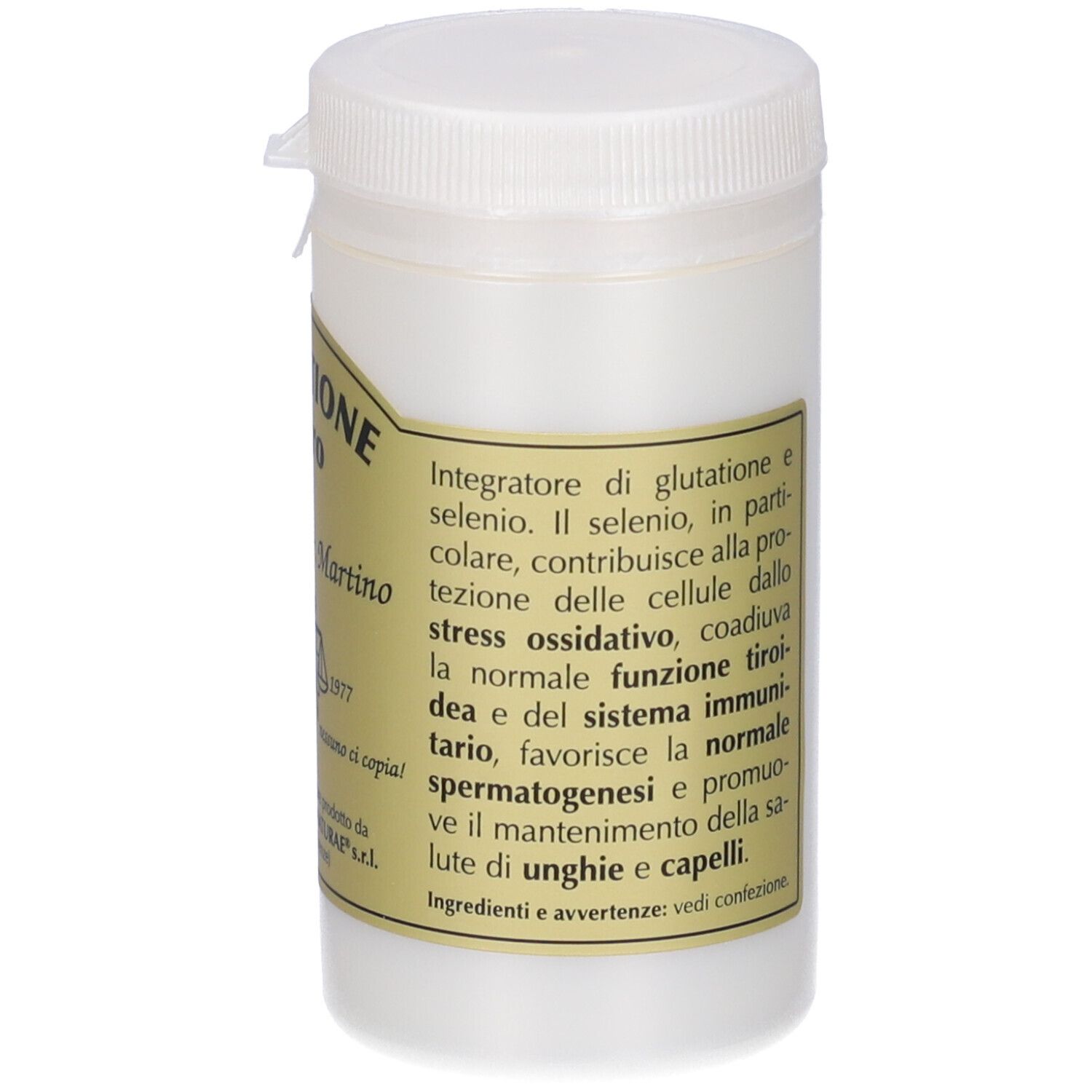 Récipient blanc avec bouchon à vis. Inscription: Glutathion Puro, Giorgini Dr. Martino. Texte au dos.