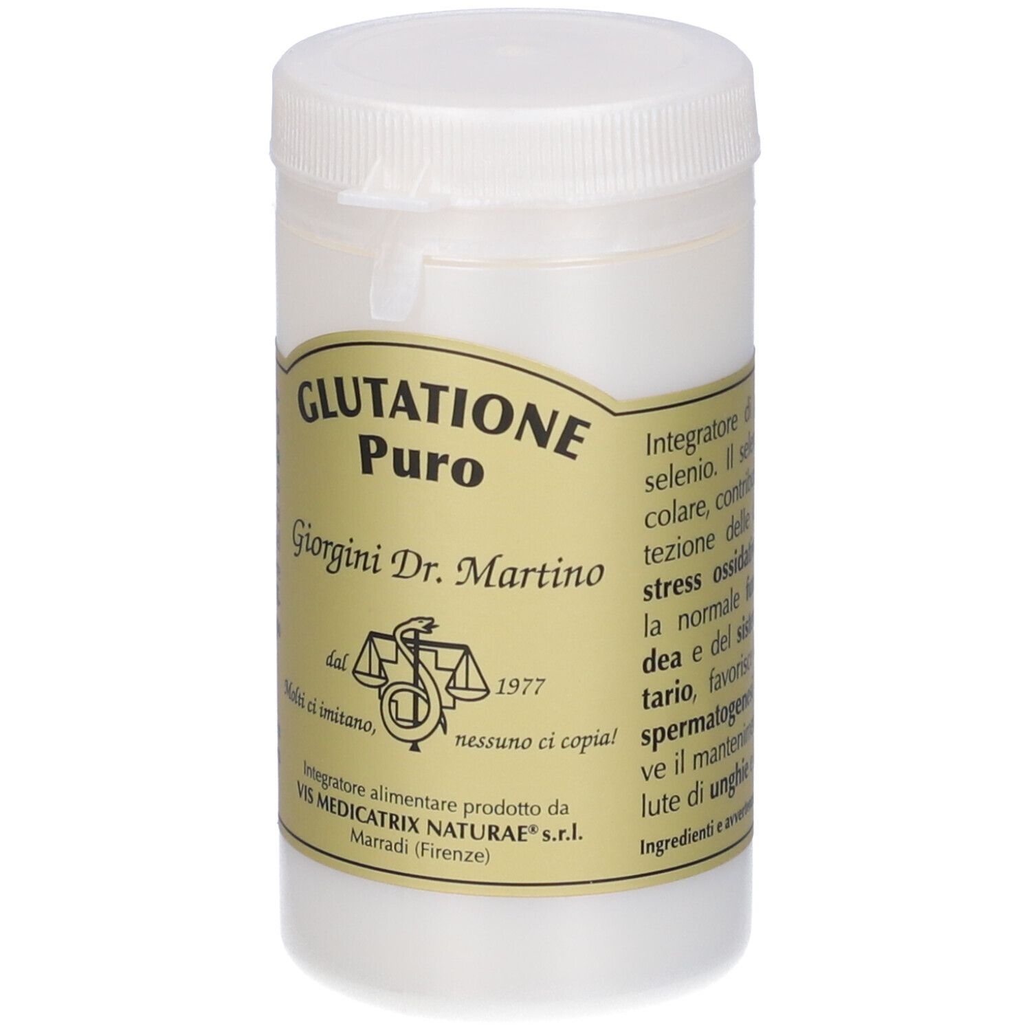 Récipient blanc avec bouchon à vis. Inscription: Glutathion Puro, Giorgini Dr. Martino. Texte au dos.