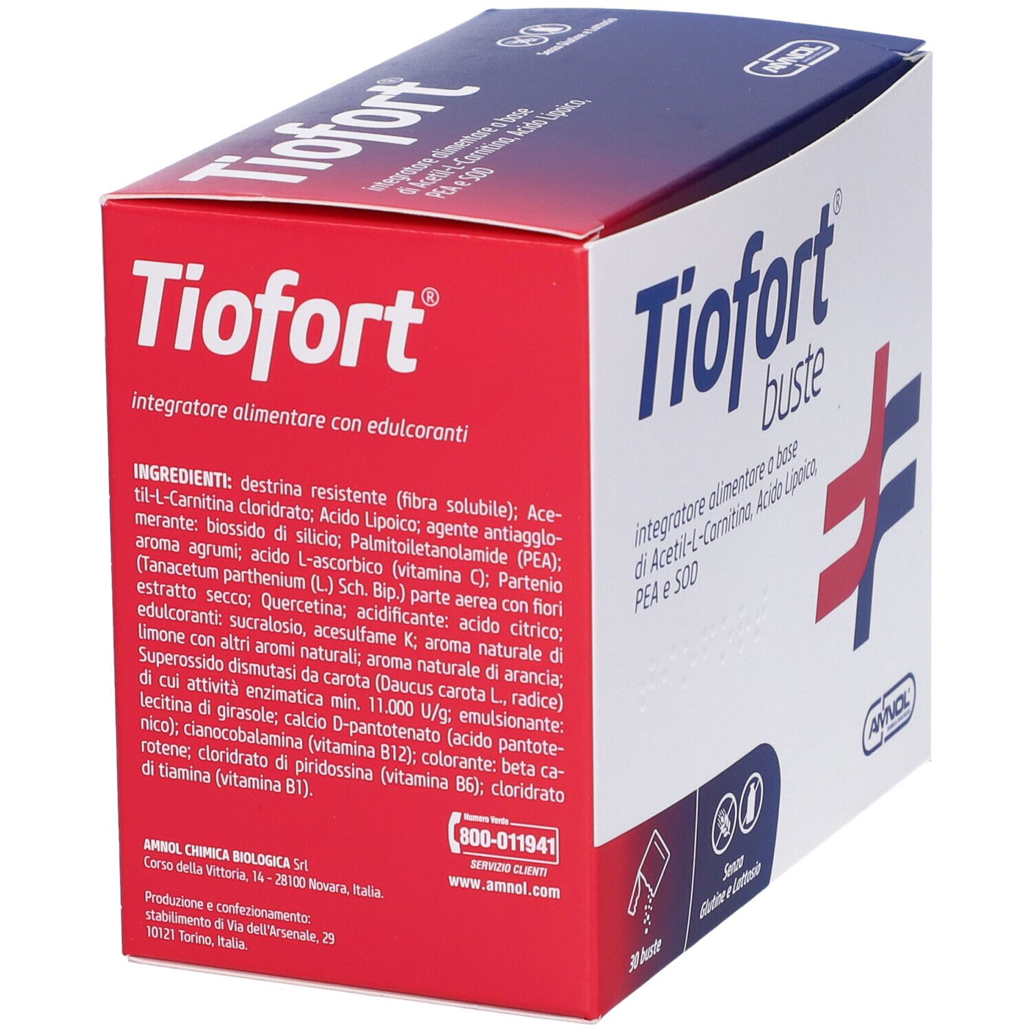 Emballage du produit avec liste des ingrédients et logo. Couleurs rouge et blanc. Texte en italien.