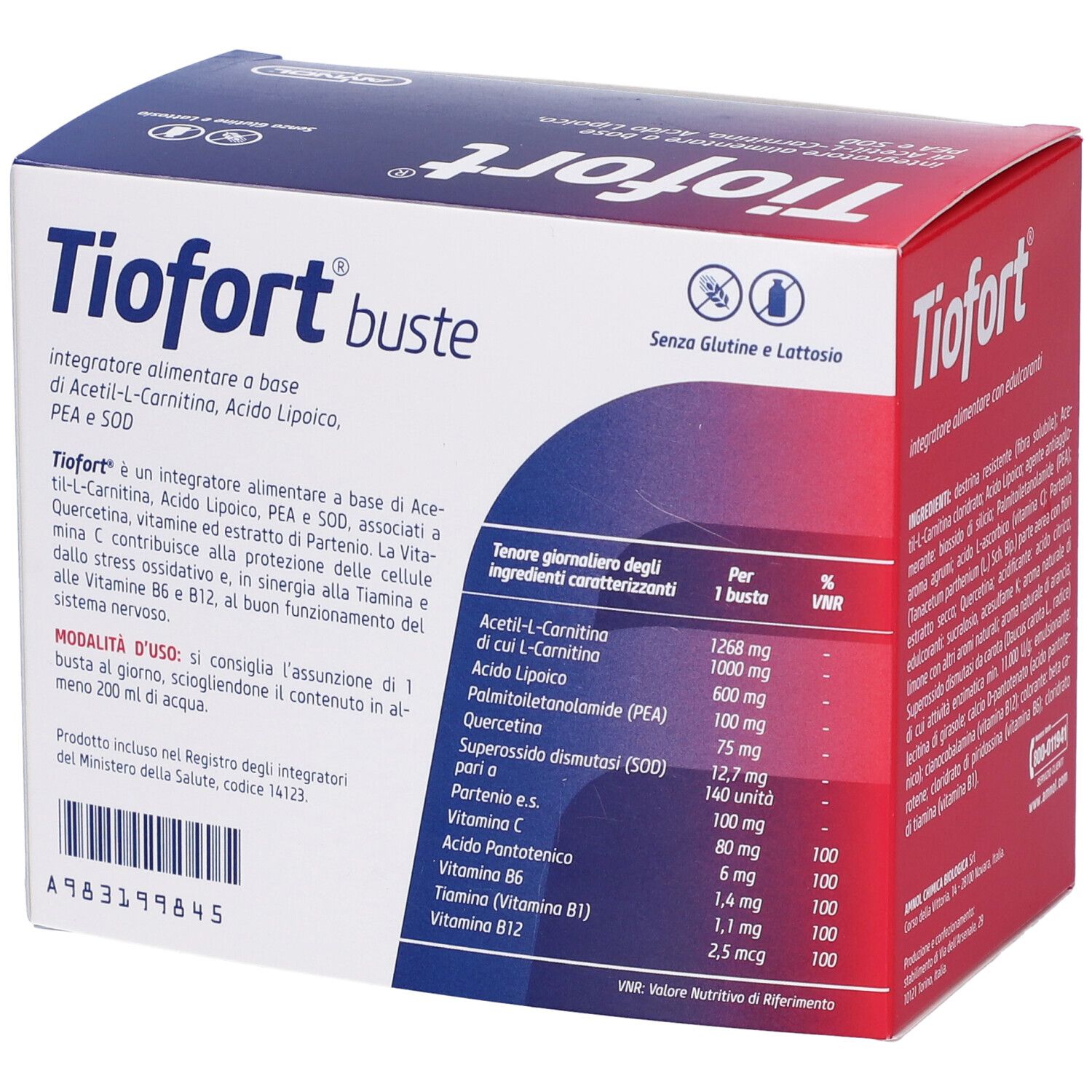 Emballage du produit avec tableau nutritionnel et logo. Couleurs rouge et blanc. Texte en italien.