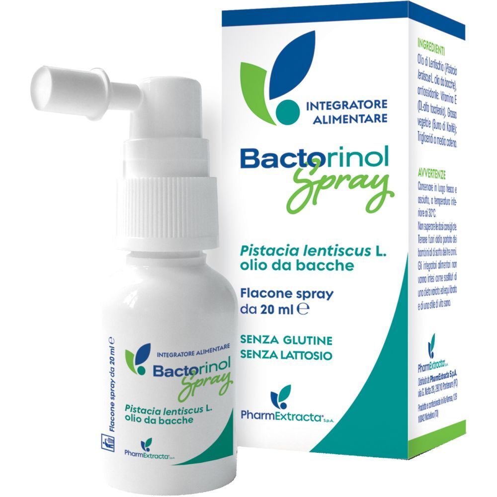 Flacon de Bactorinol Spray et emballage. Contient de l'huile de Pistacia lentiscus L. Sans gluten, sans lactose.