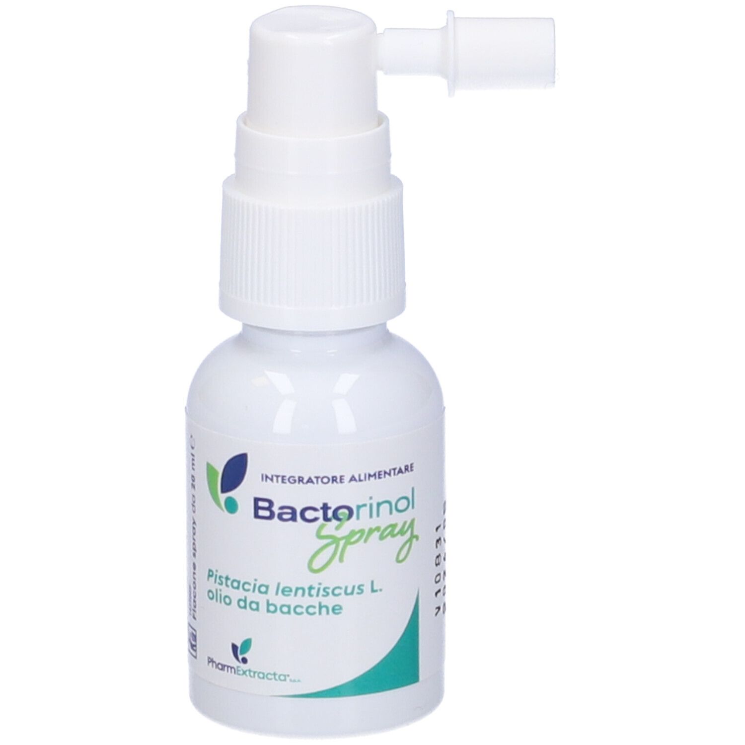 Flacon de Bactorinol Spray. Contient de l'huile de Pistacia lentiscus L. Flacon blanc avec pulvérisateur.