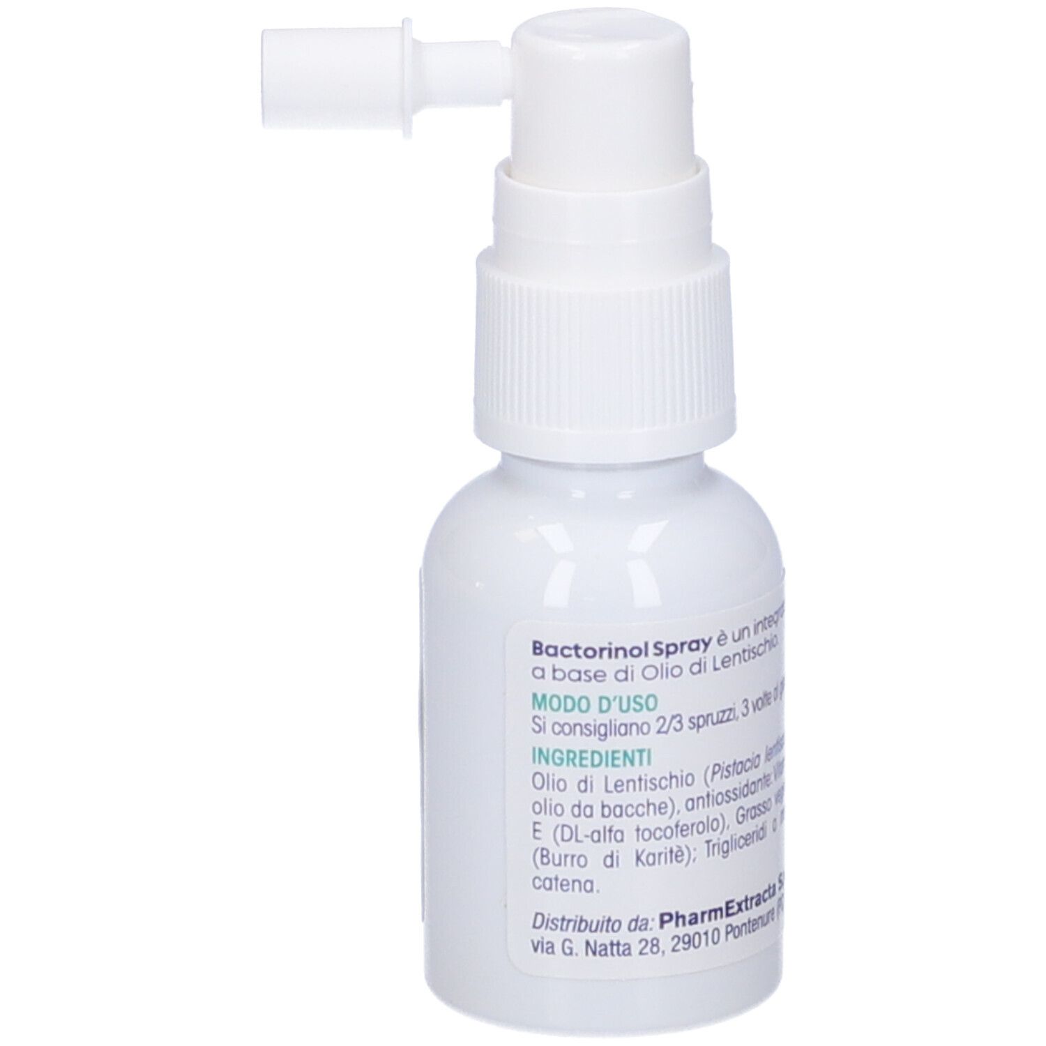 Flacon de Bactorinol Spray. Contient de l'huile de Pistacia lentiscus L. Flacon blanc avec pulvérisateur.