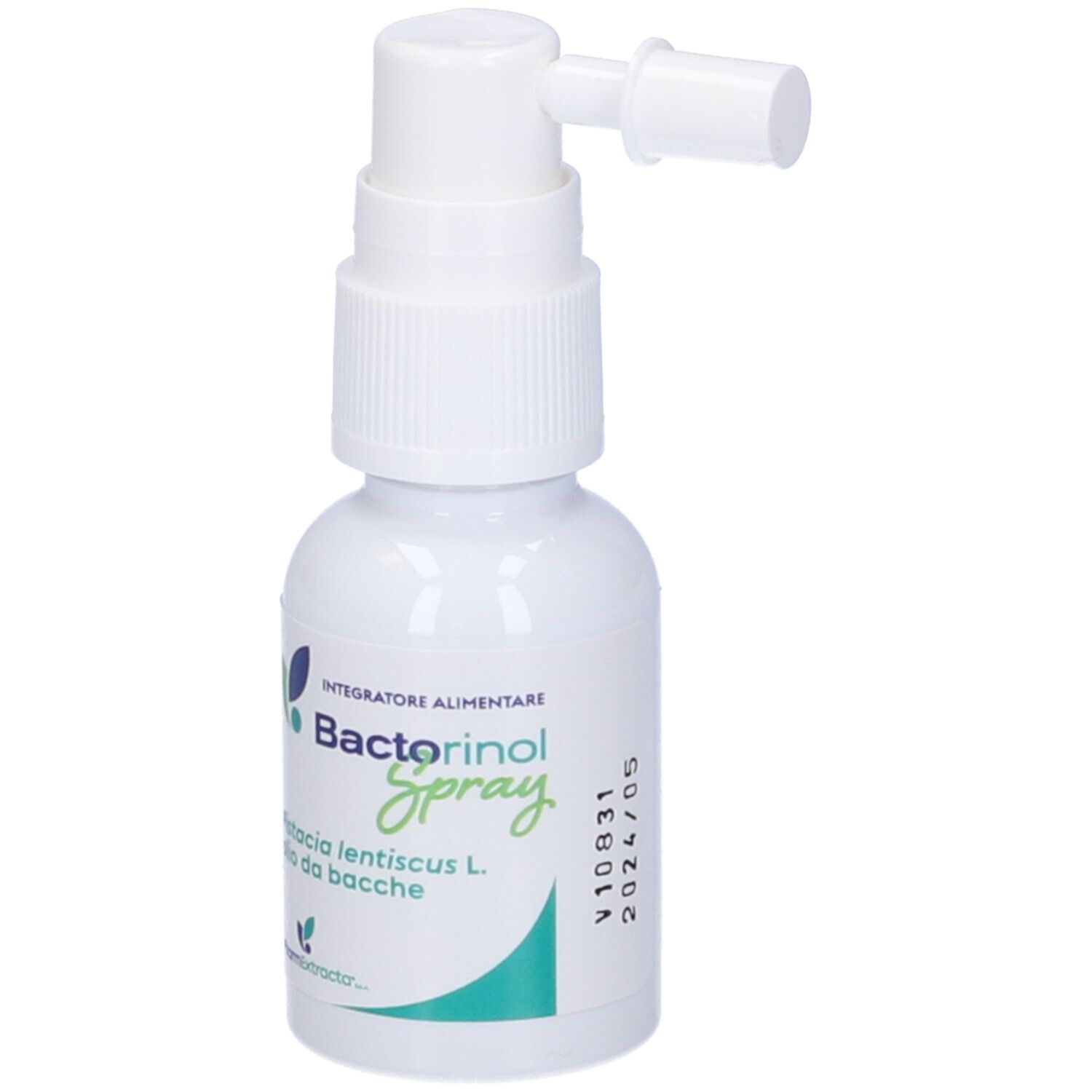 Flacon de Bactorinol Spray. Contient de l'huile de Pistacia lentiscus L. Flacon blanc avec pulvérisateur.