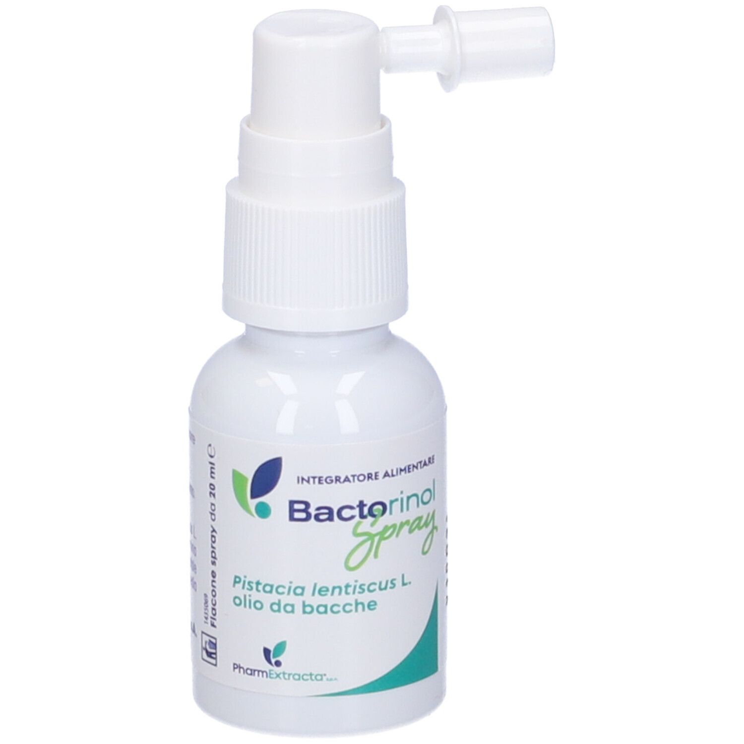 Flacon de Bactorinol Spray. Contient de l'huile de Pistacia lentiscus L. Flacon blanc avec pulvérisateur.