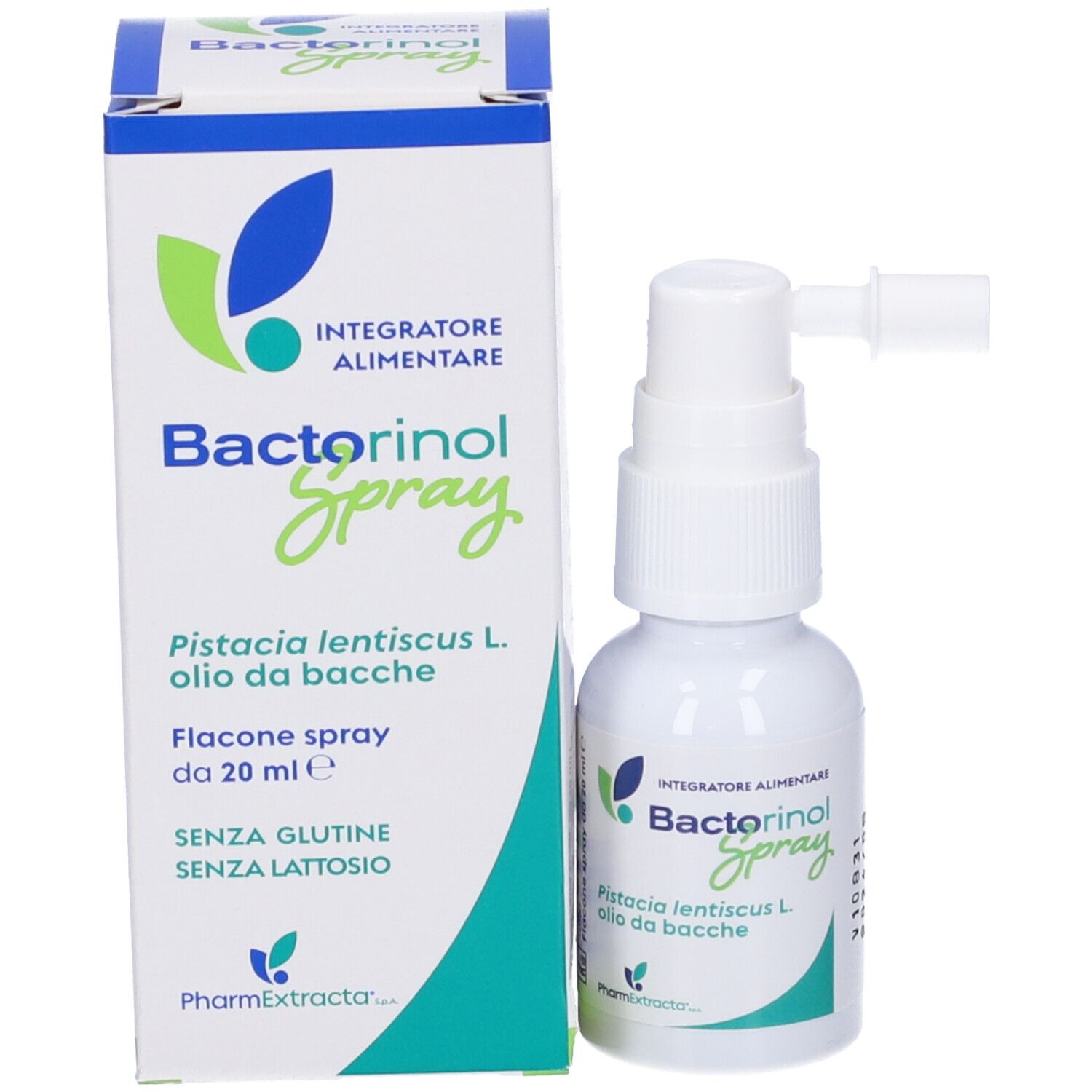 Flacon de Bactorinol Spray. Contient de l'huile de Pistacia lentiscus L. Flacon blanc avec pulvérisateur.