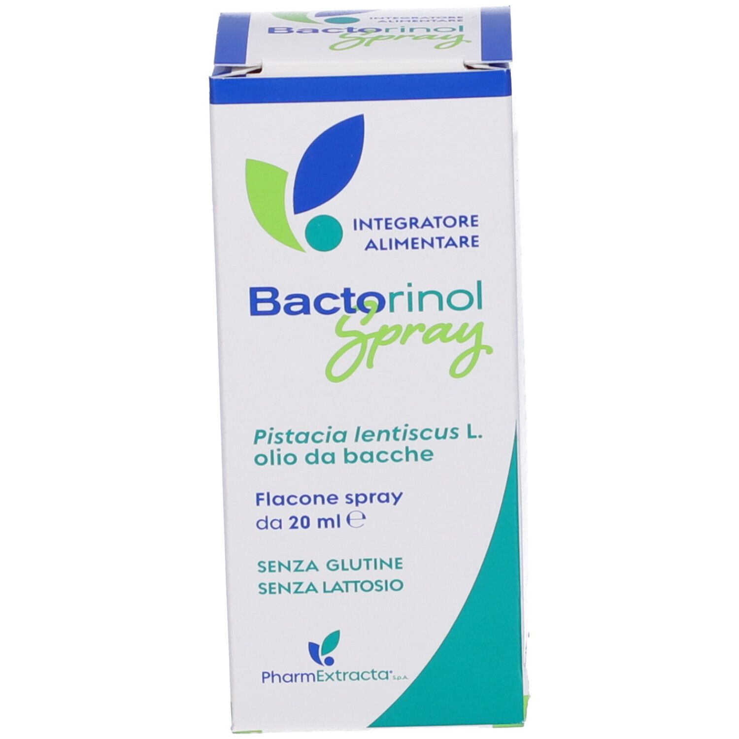 Emballage de Bactorinol Spray. Contient de l'huile de Pistacia lentiscus L. Sans gluten, sans lactose.