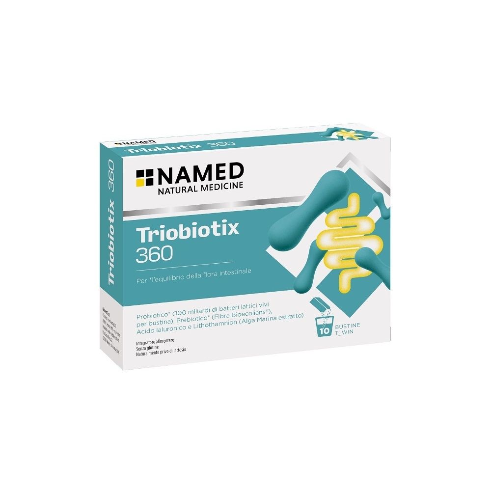 Emballage NAMED Triobiotix 360 avec symbole intestinal. Contient 10 sachets. Sans gluten ni lactose.