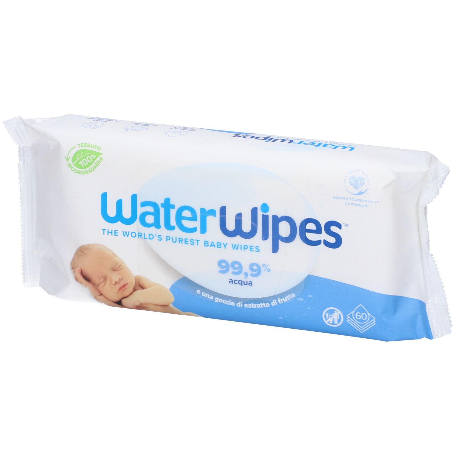 Paquet blanc WaterWipes, logo bleu. Contient 60 lingettes. Inscription : 99,9% eau, une goutte d'extrait de fruit. Image d'un bébé.