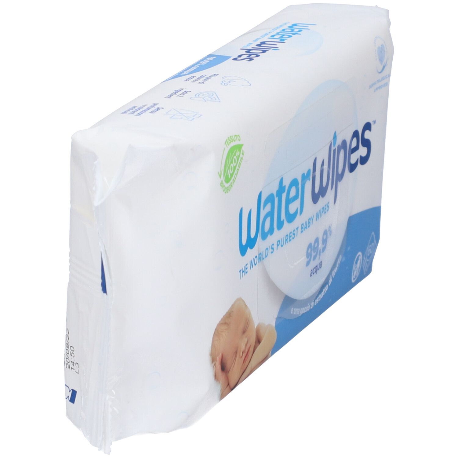Paquet WaterWipes, logo bleu. Contient 60 lingettes. Inscription : 99,9% eau, une goutte de fruit. Image bébé. Vue en perspective.