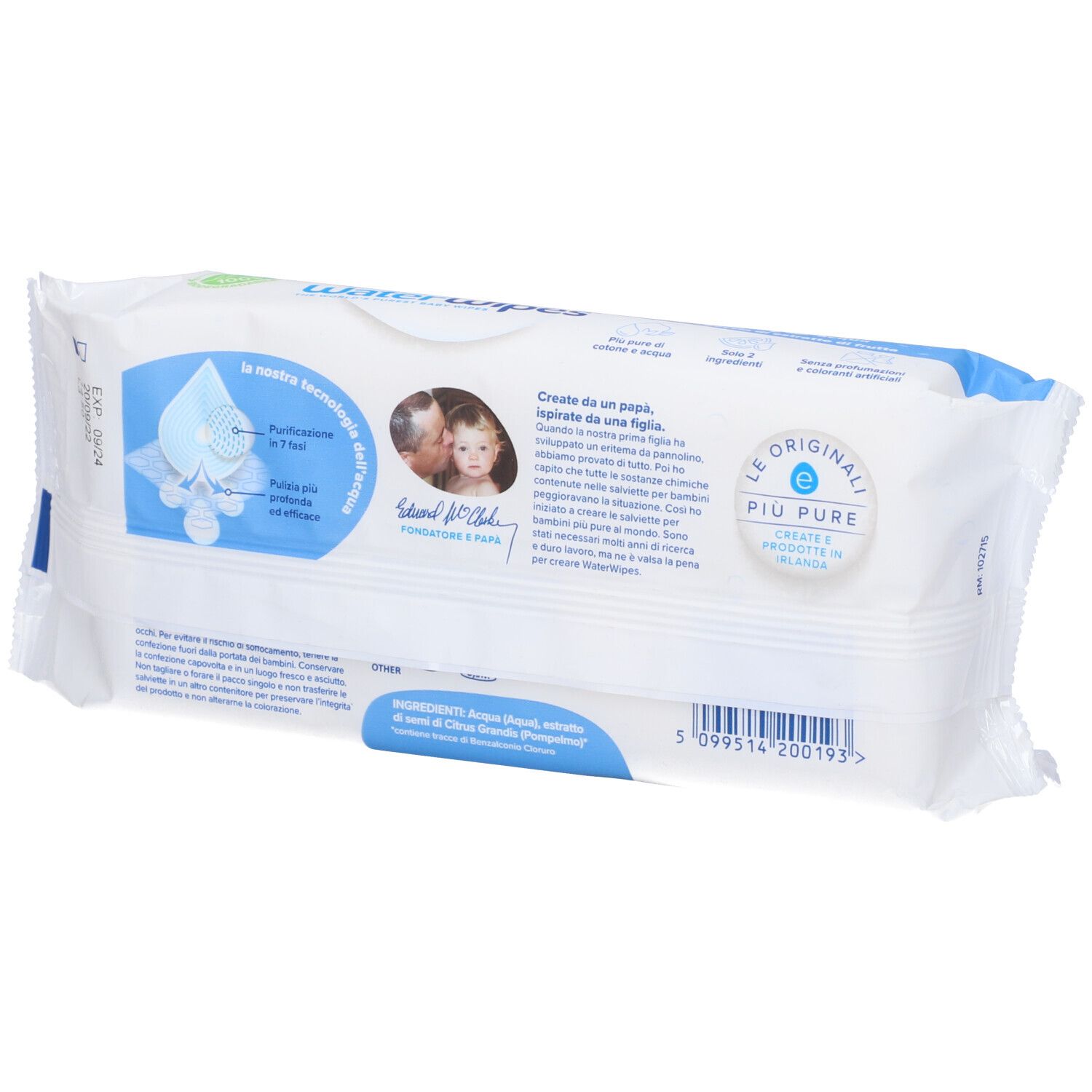 Dos du paquet WaterWipes. Texte et logos. Image parents et enfant. Liste des ingrédients. Date de péremption.