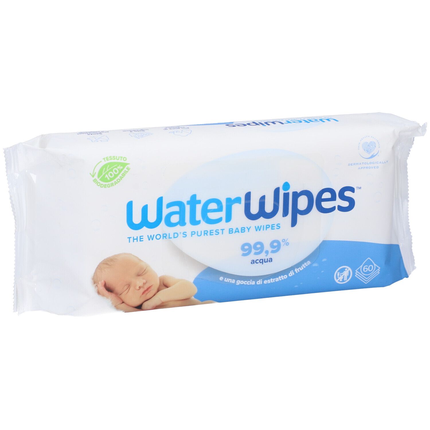 Paquet blanc WaterWipes, logo bleu. Contient 60 lingettes. Inscription : 99,9% eau, une goutte de fruit. Image d'un bébé.
