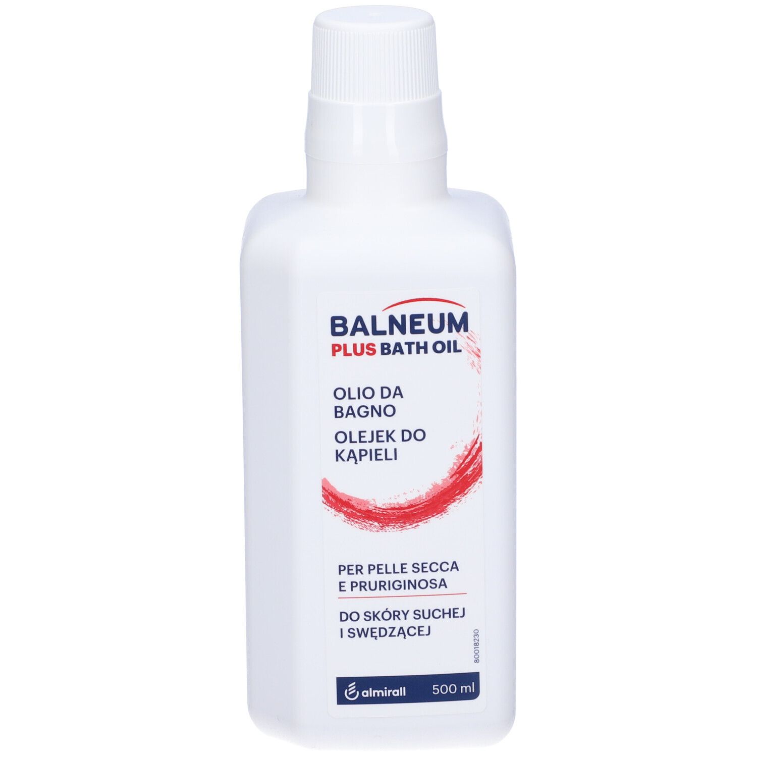 Weiße Flasche mit weißem Verschluss. Aufschrift: Balneum Plus Bath Oil, Oilo da Bagno, Olejek do Kapieli. Roter Strich.
