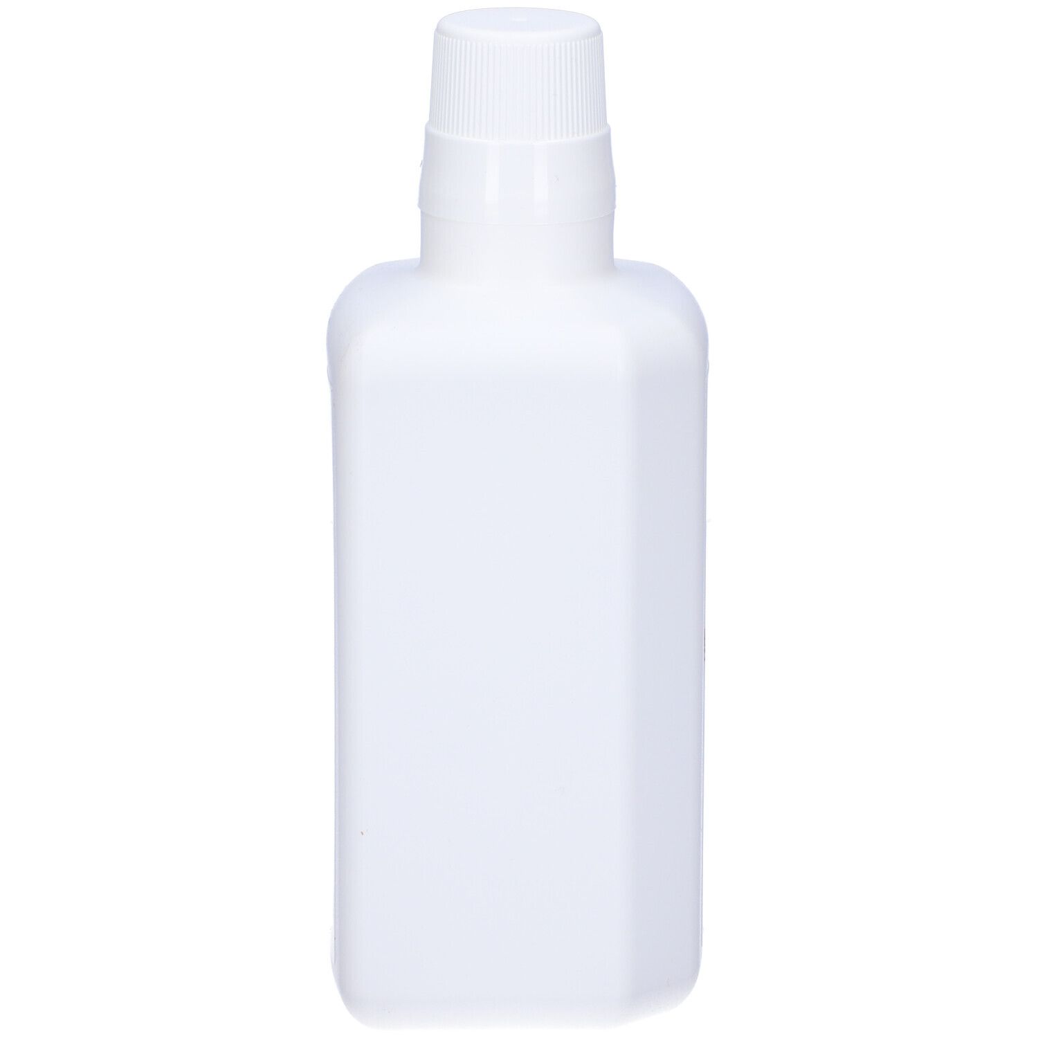 Weiße, rechteckige Flasche mit weißem Schraubverschluss. Keine Beschriftung sichtbar.