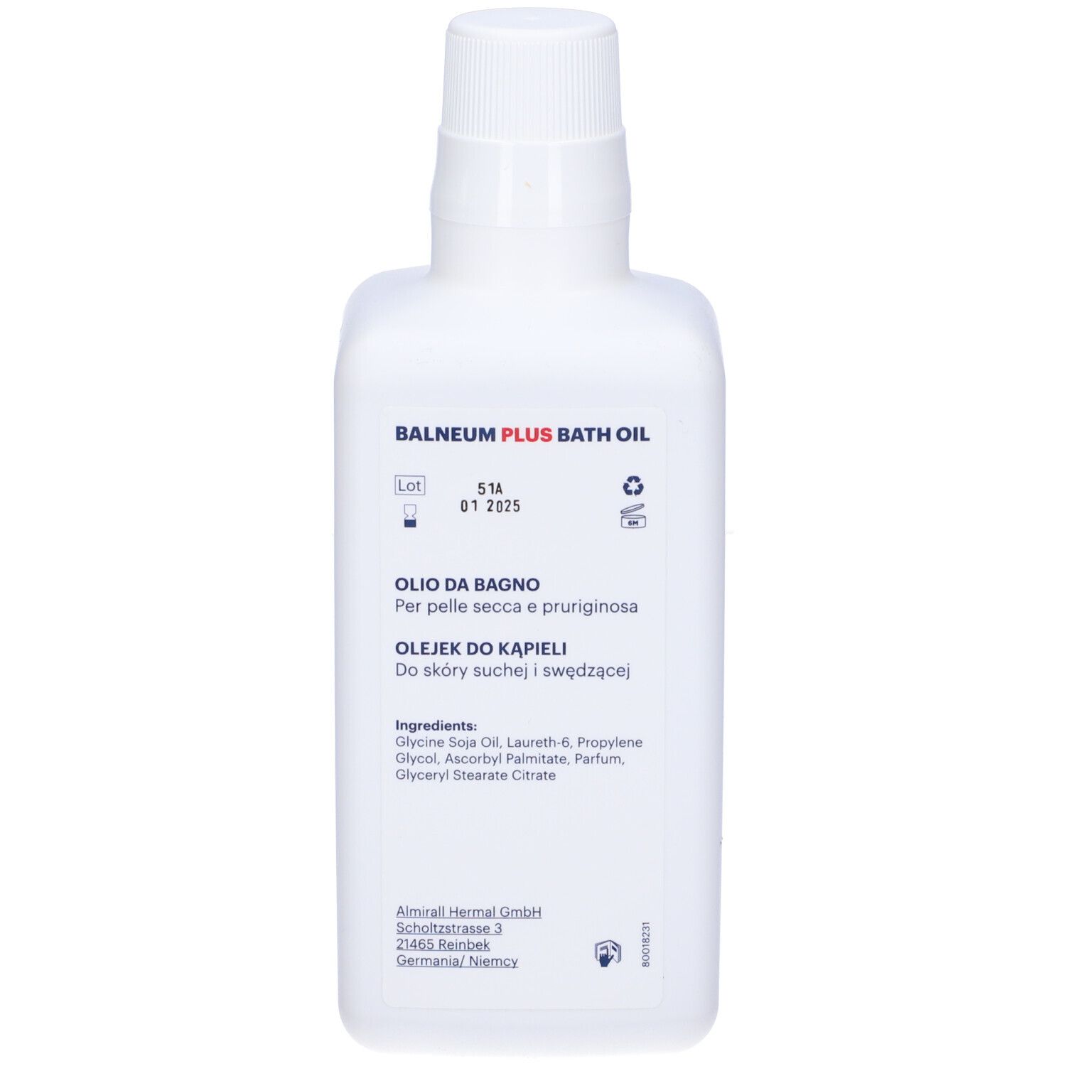 Weiße Flasche mit weißem Verschluss. Rückseite mit Text: Balneum Plus Bath Oil, Inhaltsstoffe, Adresse, Chargennummer.