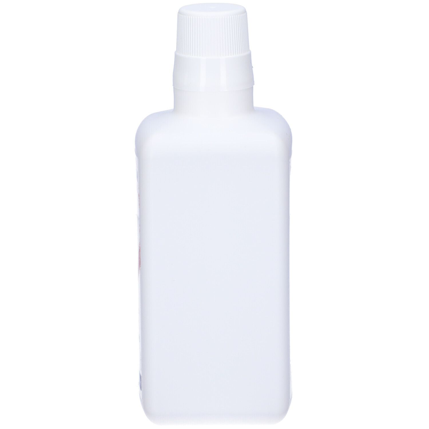 Weiße, rechteckige Flasche mit weißem Schraubverschluss. Keine Beschriftung sichtbar.