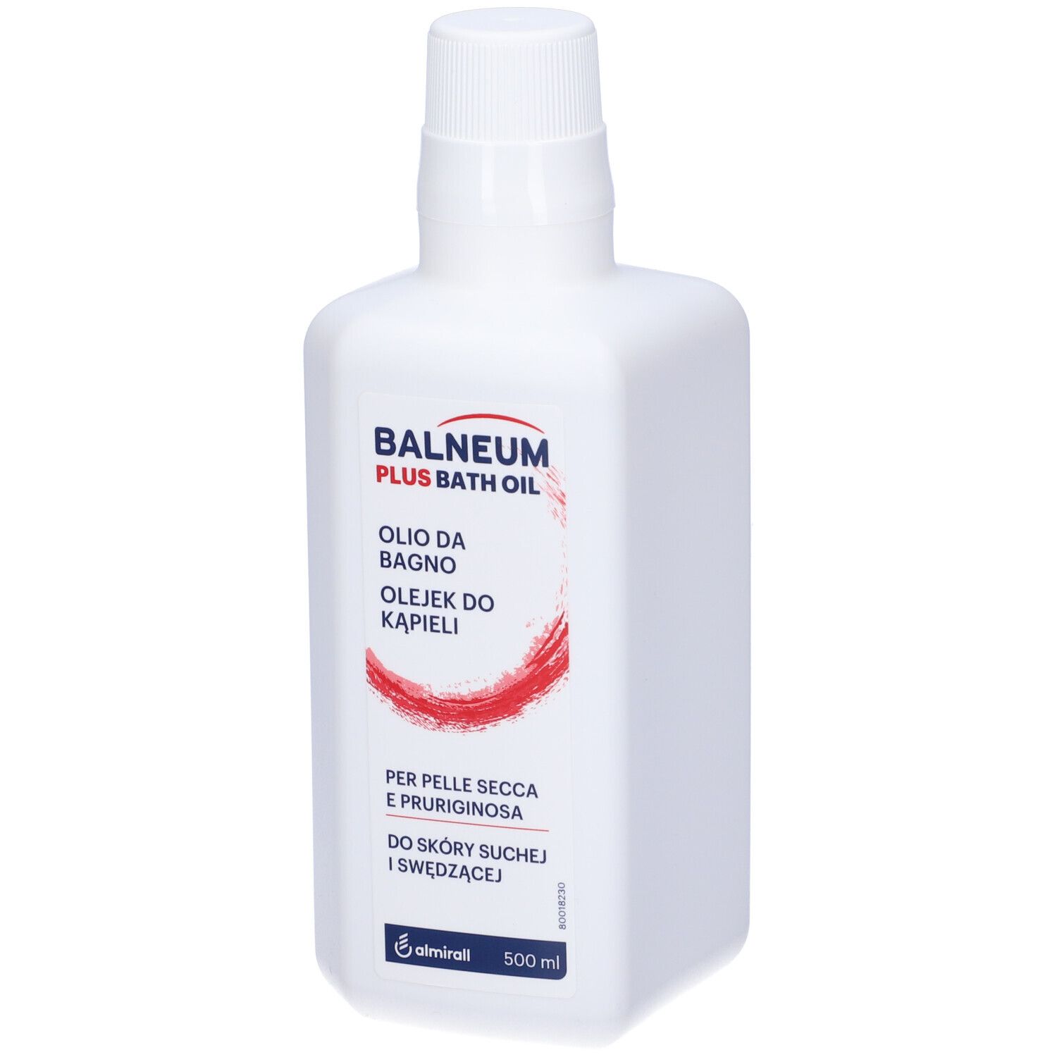 Weiße Flasche mit weißem Verschluss. Aufschrift: Balneum Plus Bath Oil, Oilo da Bagno, Olejek do Kapieli. Roter Strich.