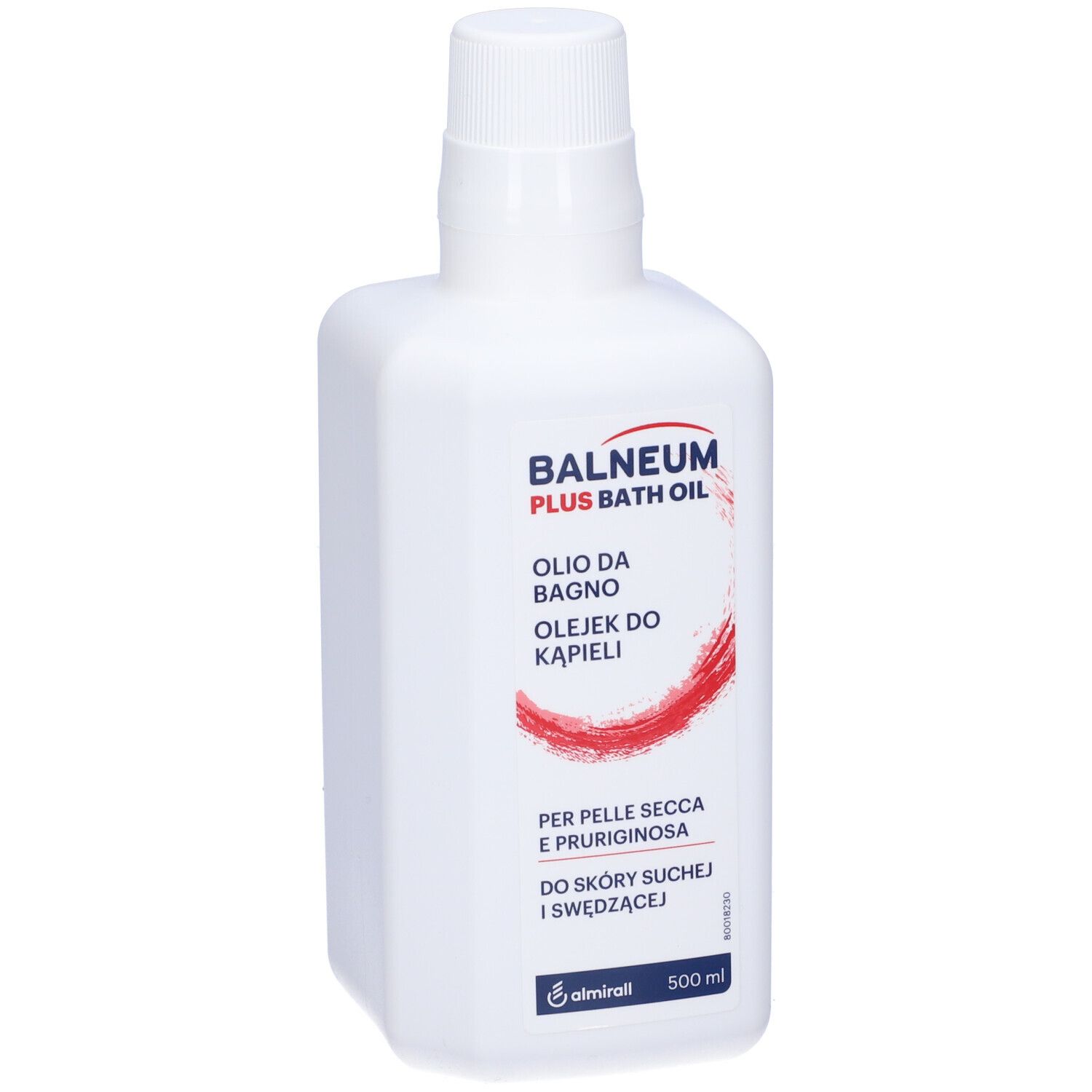Weiße Flasche mit weißem Verschluss. Aufschrift: Balneum Plus Bath Oil, Oilo da Bagno, Olejek do Kapieli. Roter Strich.