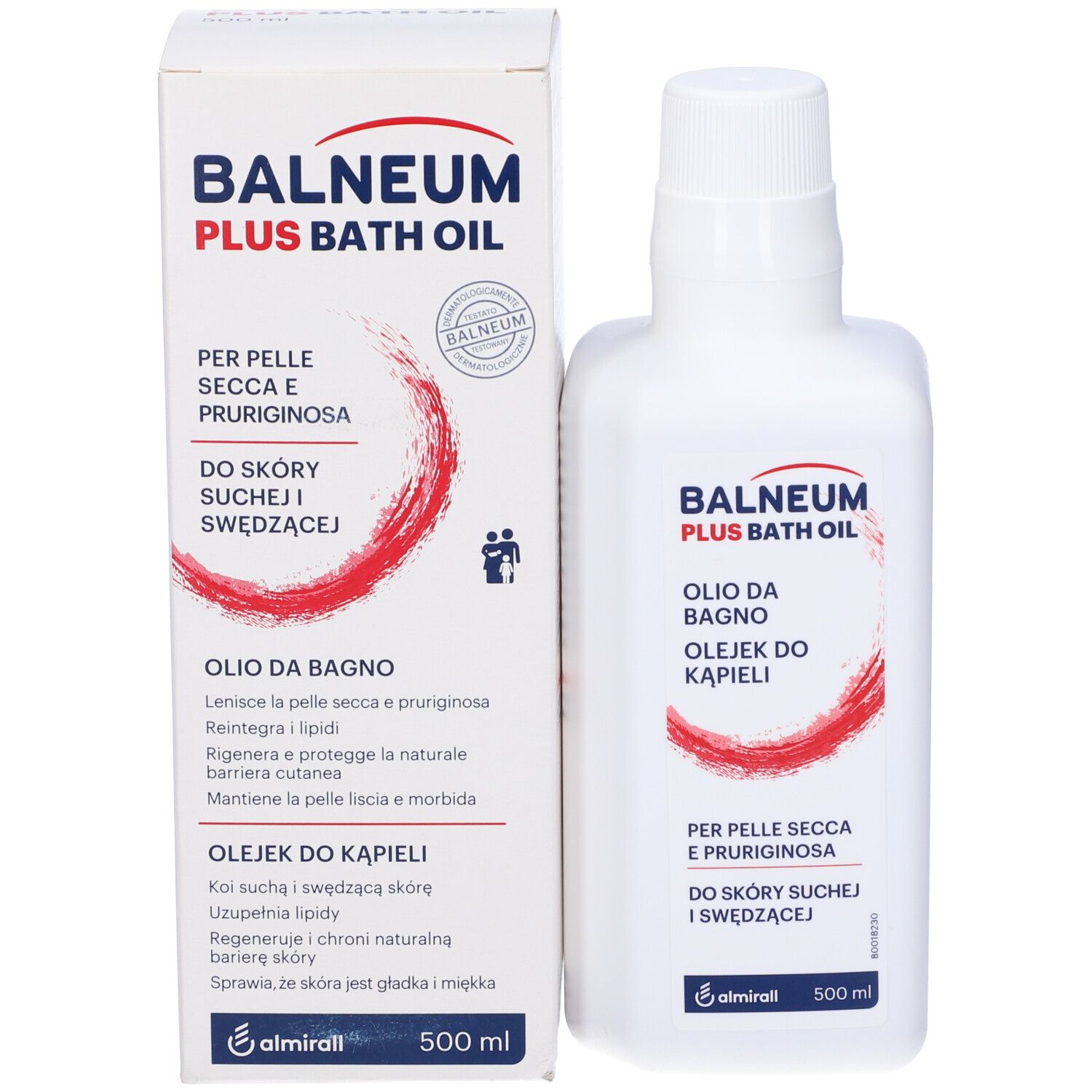 Produktverpackung und Flasche. Verpackung: weiß, Aufschrift: Balneum Plus Bath Oil. Flasche: weiß, mit Etikett.