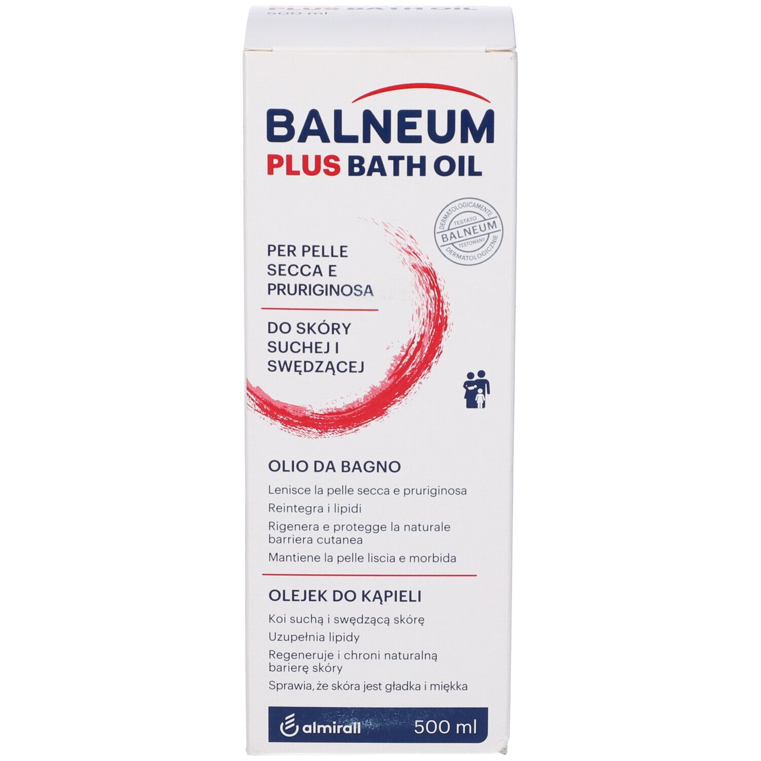 Produktverpackung. Weiß, Aufschrift: Balneum Plus Bath Oil, Oilo da Bagno, Olejek do Kapieli. Roter Strich, Logo.