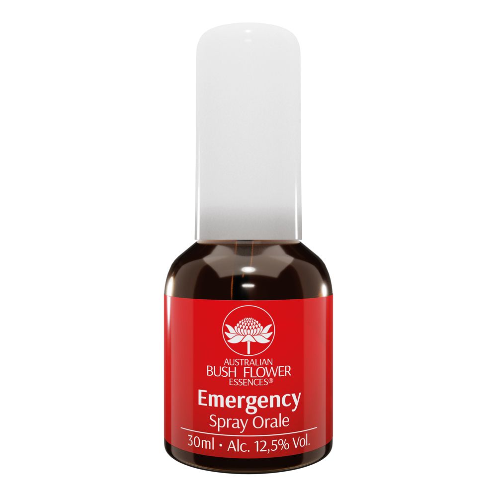 Braune Glasflasche mit weißem Sprühkopf. Rotes Etikett mit Text: Emergency Spray Orale, 30ml, Alc. 12,5% Vol.