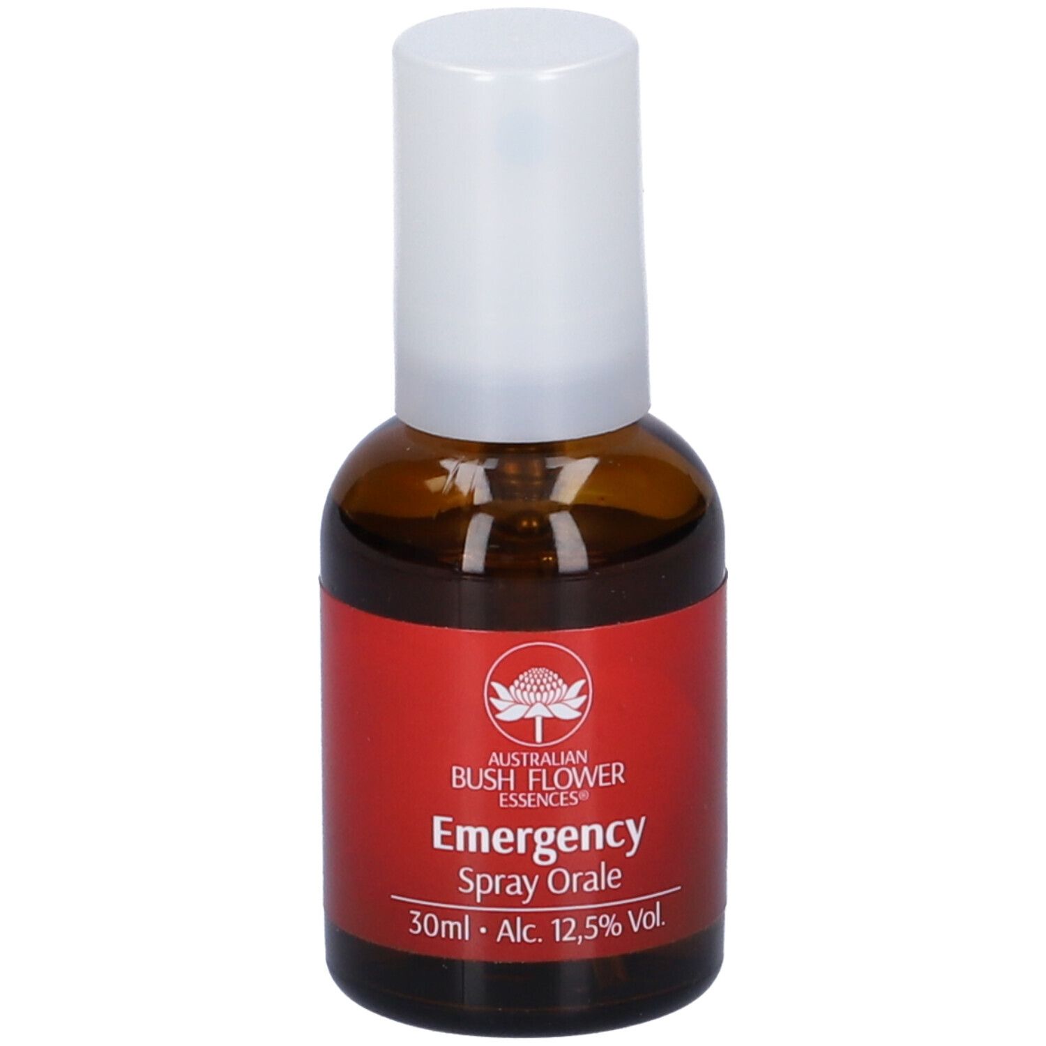 Braune Glasflasche mit weißem Sprühkopf. Rotes Etikett mit Text: Emergency Spray Orale, 30ml, Alc. 12,5% Vol.