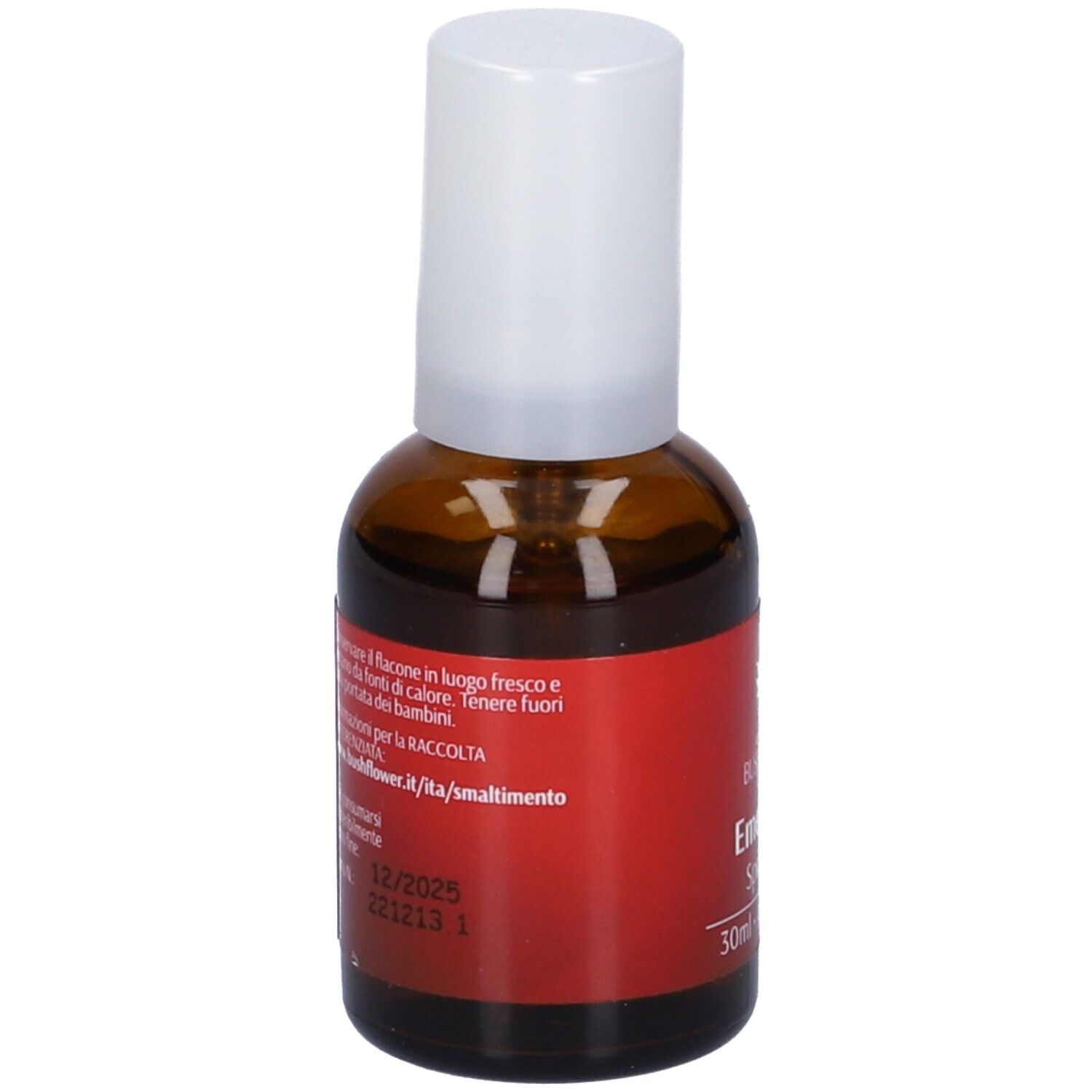 Braune Glasflasche mit weißem Sprühkopf. Rotes Etikett mit Text und Informationen. Rückseite mit Text.