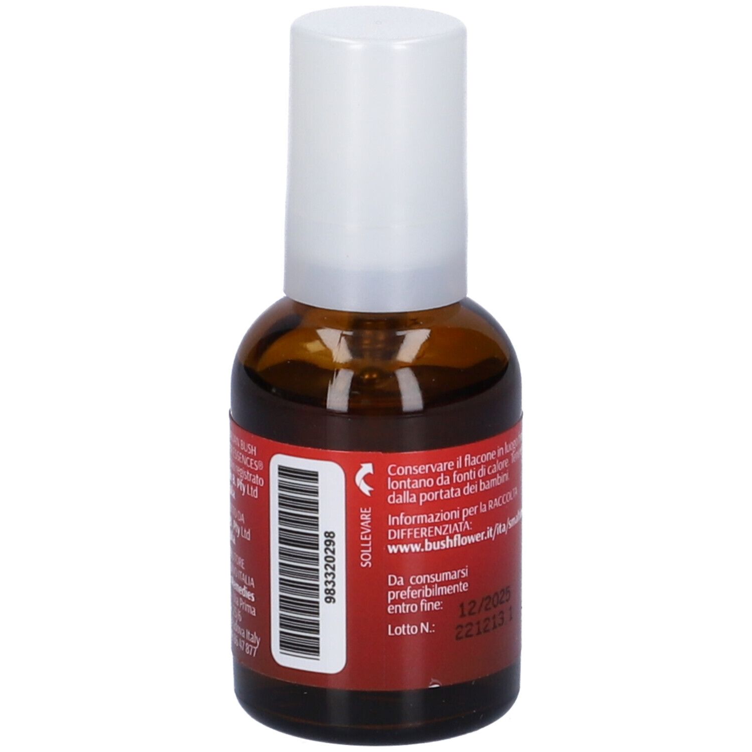 Braune Glasflasche mit weißem Sprühkopf. Rotes Etikett mit Text und Informationen. Rückseite mit Text.