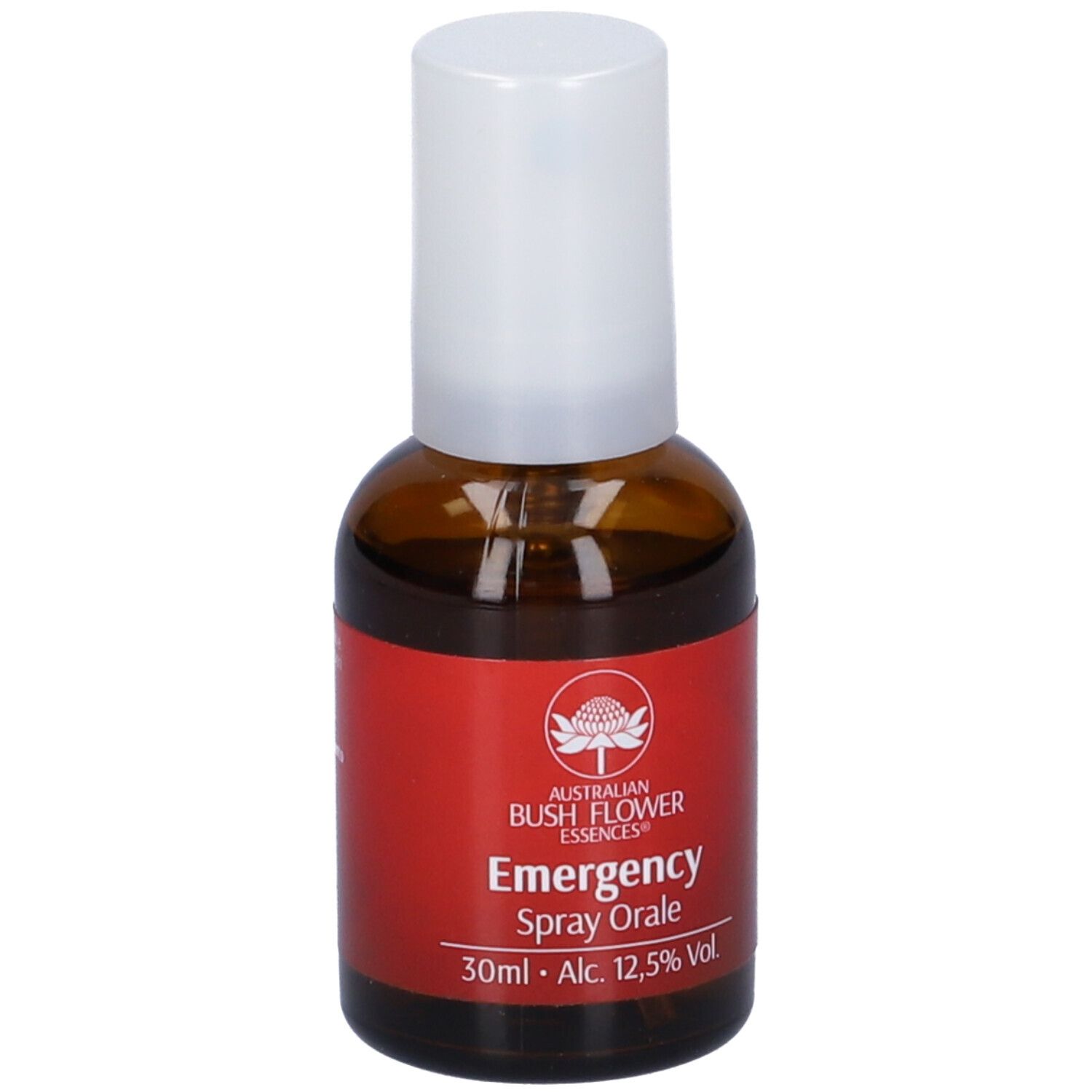 Braune Glasflasche mit weißem Sprühkopf. Rotes Etikett mit Text: Emergency Spray Orale, 30ml, Alc. 12,5% Vol.