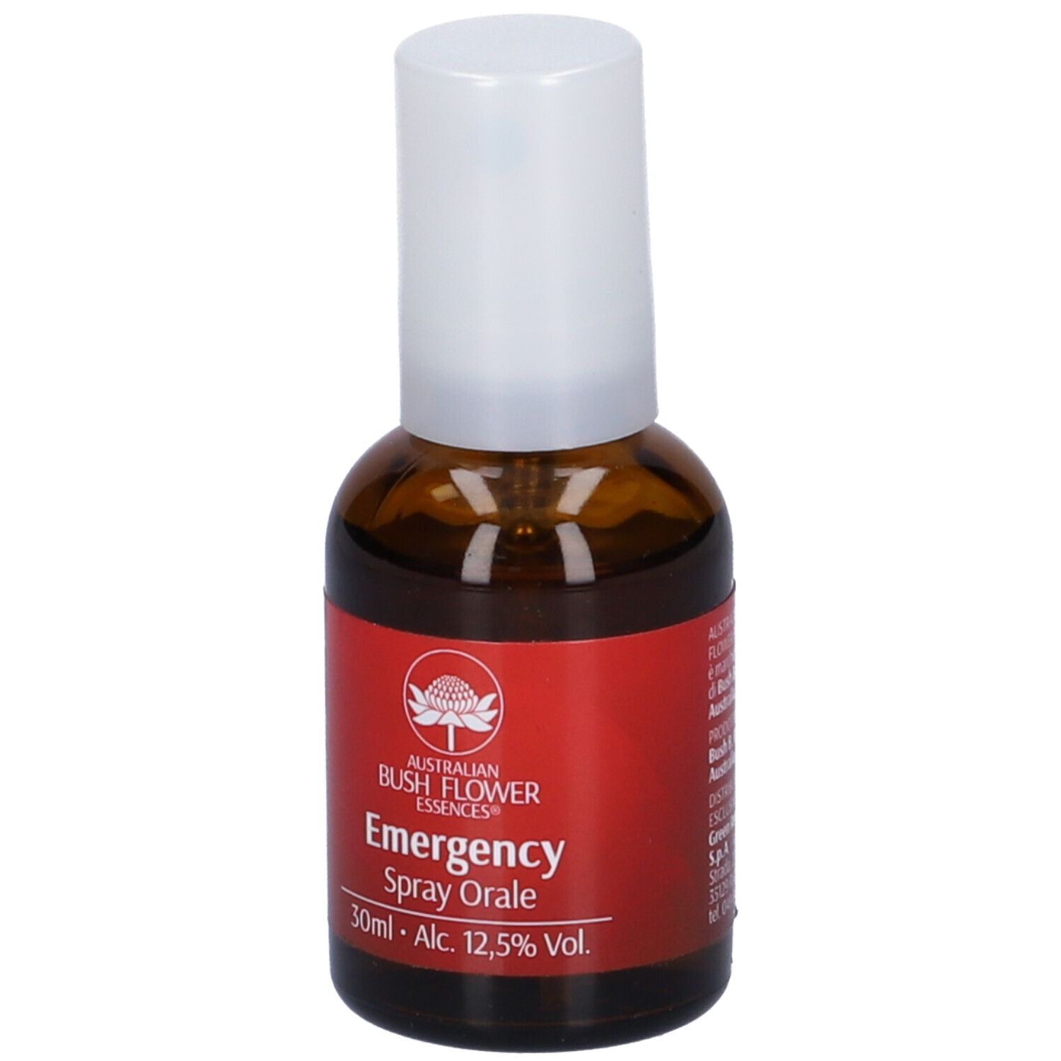 Braune Glasflasche mit weißem Sprühkopf. Rotes Etikett mit Text: Emergency Spray Orale, 30ml, Alc. 12,5% Vol.