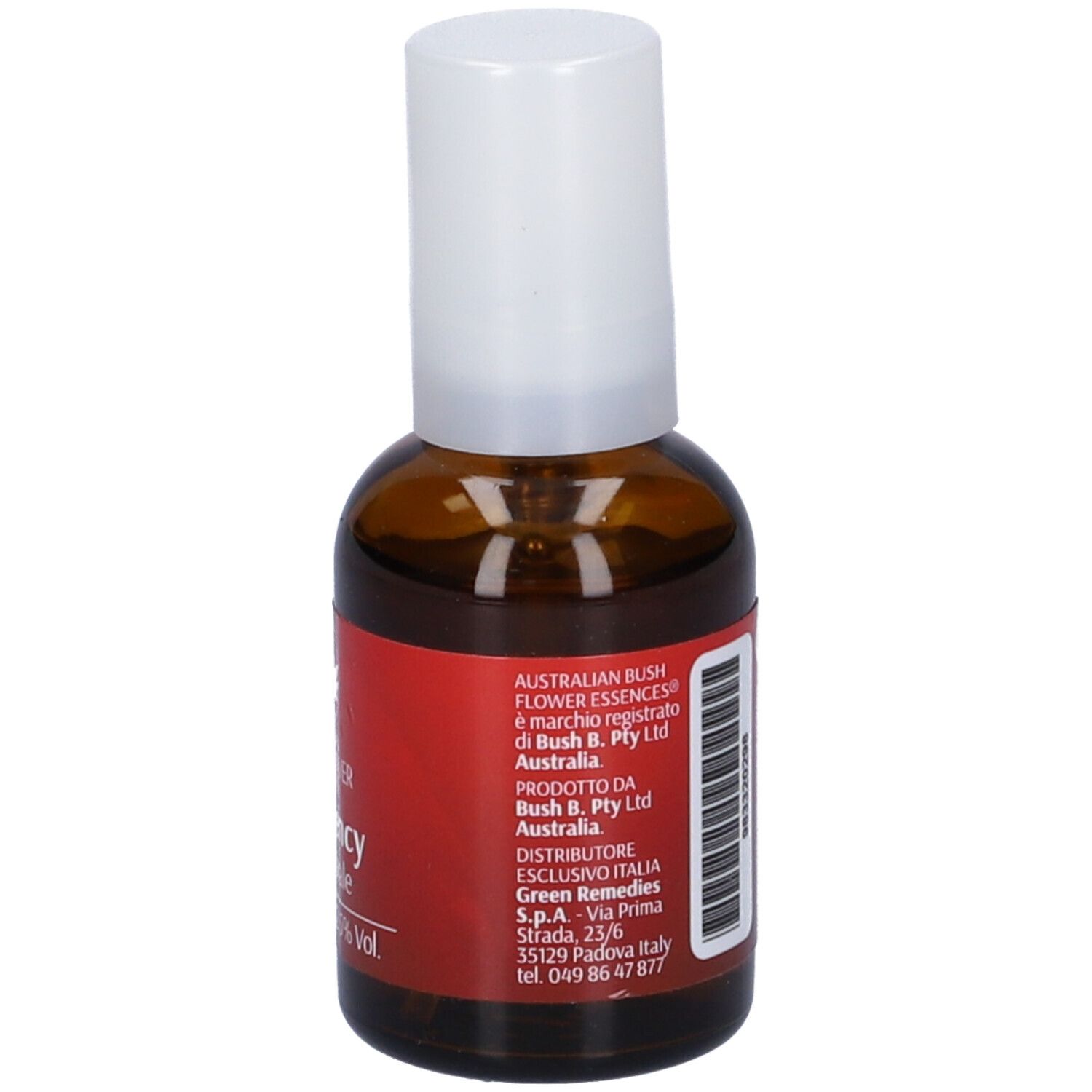 Braune Glasflasche mit weißem Sprühkopf. Rotes Etikett mit Text und Informationen. Rückseite mit Text.