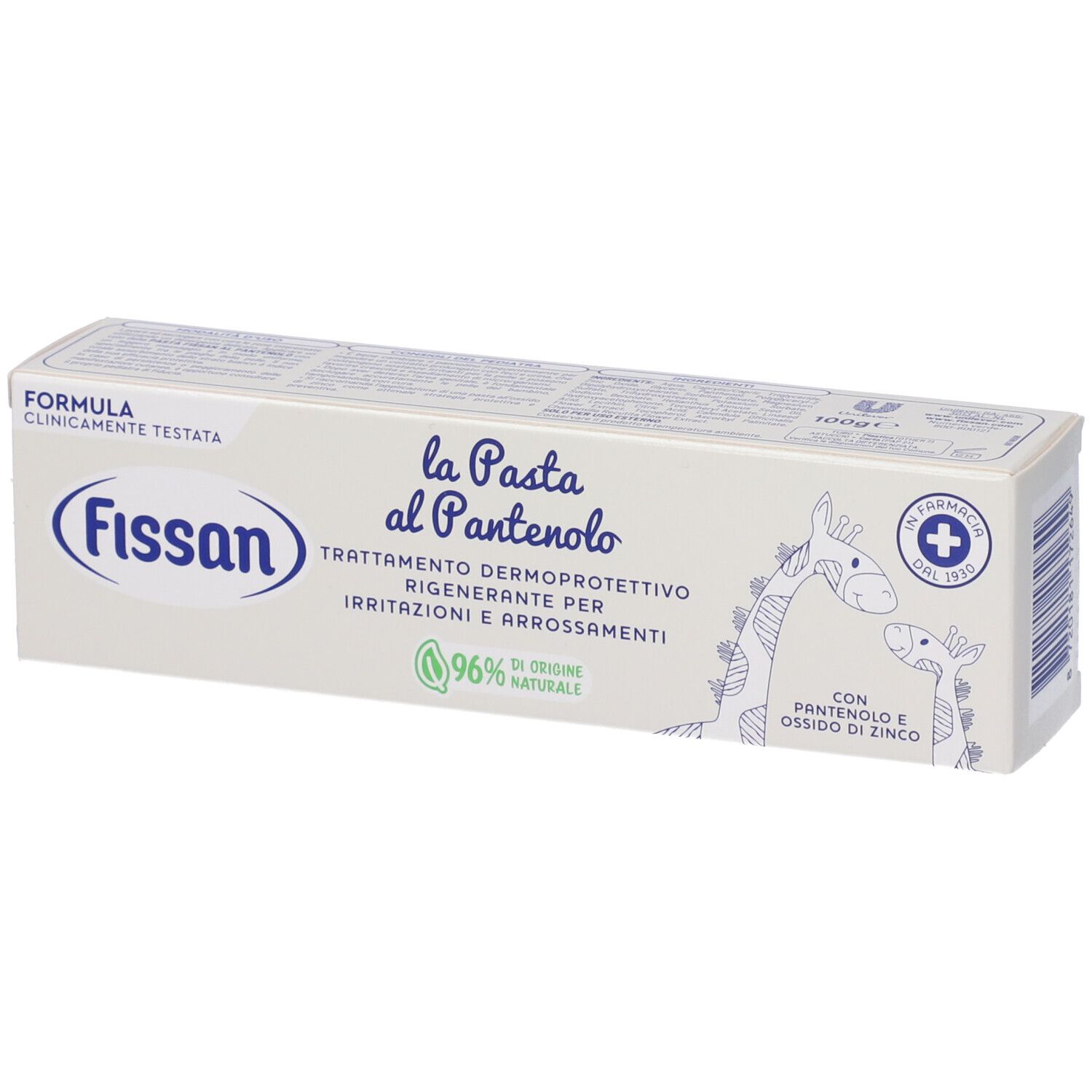 Fissan Pasta al Pantenolo-Verpackung. Weiße Schachtel mit Produktnamen und Logo. Enthält 96% natürliche Inhaltsstoffe.