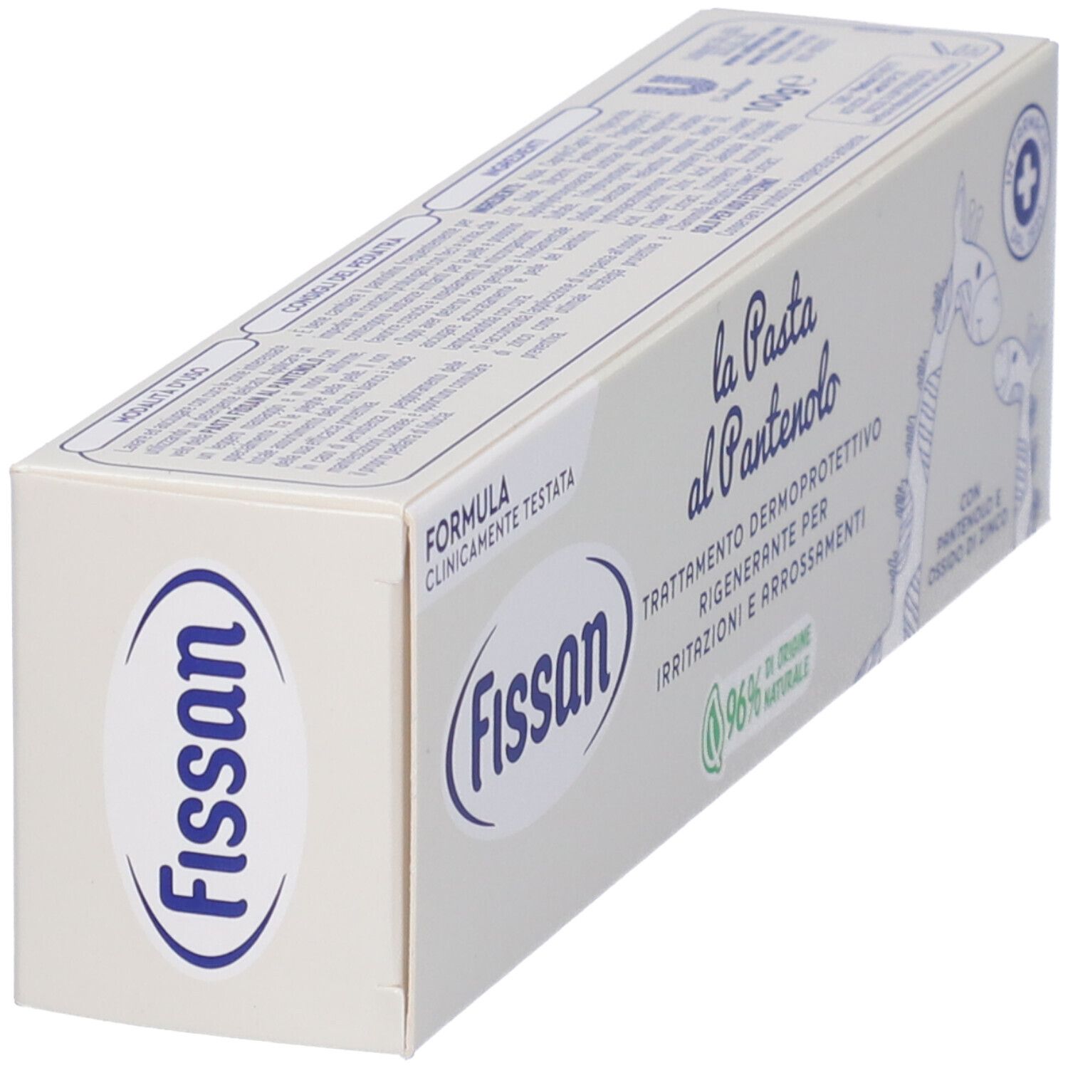 Fissan Pasta al Pantenolo-Verpackung. Weiße Schachtel mit Produktnamen und Logo. Winkelansicht.