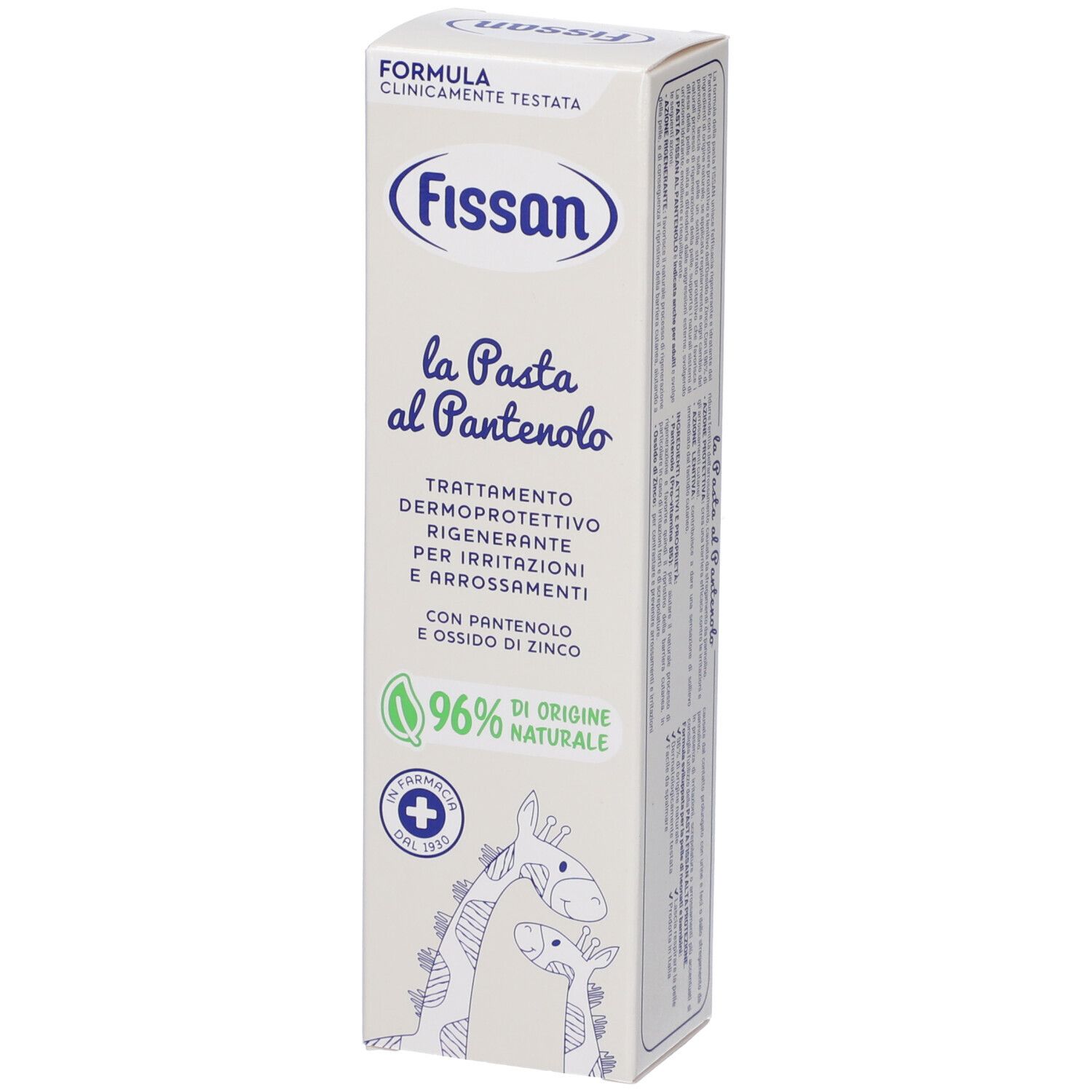 Fissan Pasta al Pantenolo-Verpackung. Weiße Schachtel mit Produktnamen und Logo. Vertikale Ansicht.
