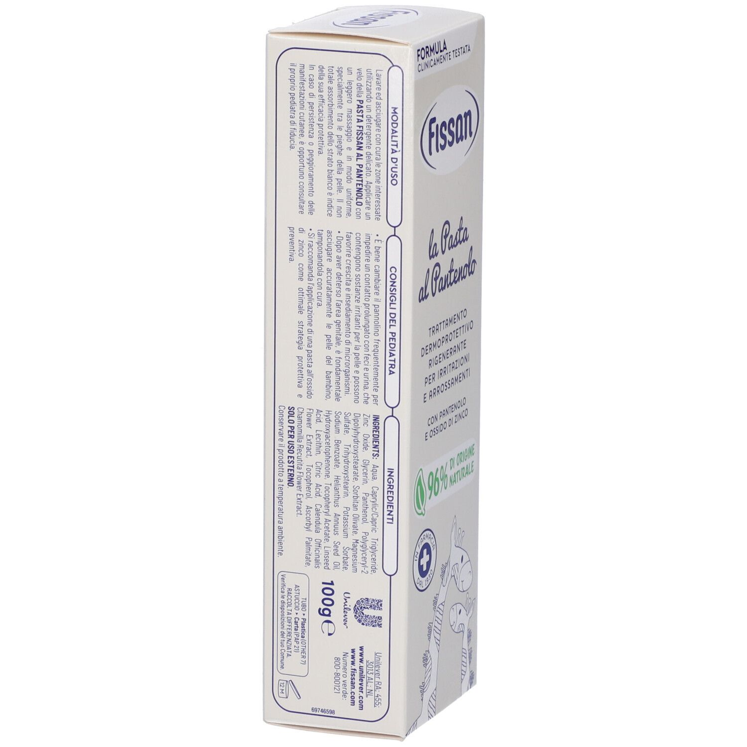 Fissan Pasta al Pantenolo-Verpackung. Weiße Schachtel mit Produktinformationen und Logo. Rückansicht.