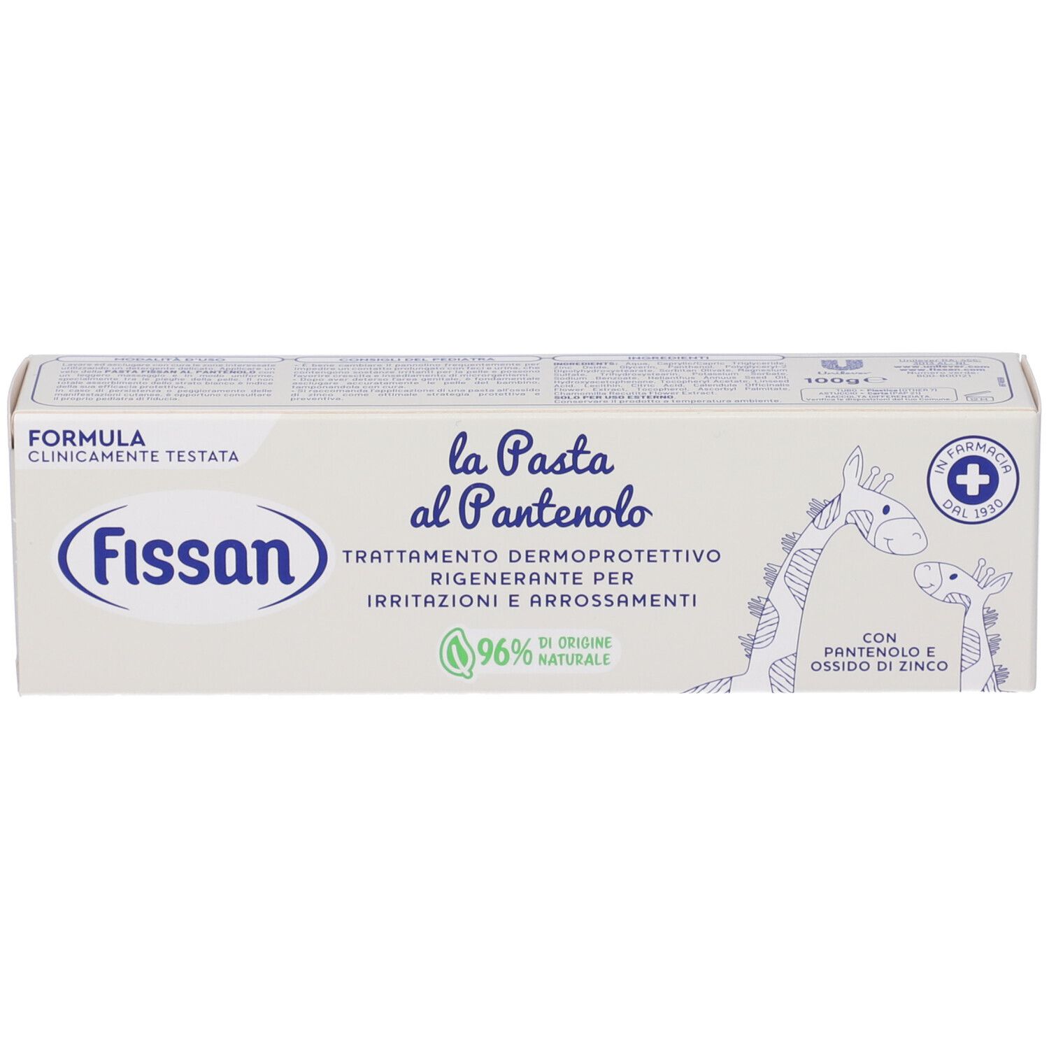 Fissan Pasta al Pantenolo-Verpackung. Weiße Schachtel mit Produktnamen und Logo. Horizontale Ansicht.