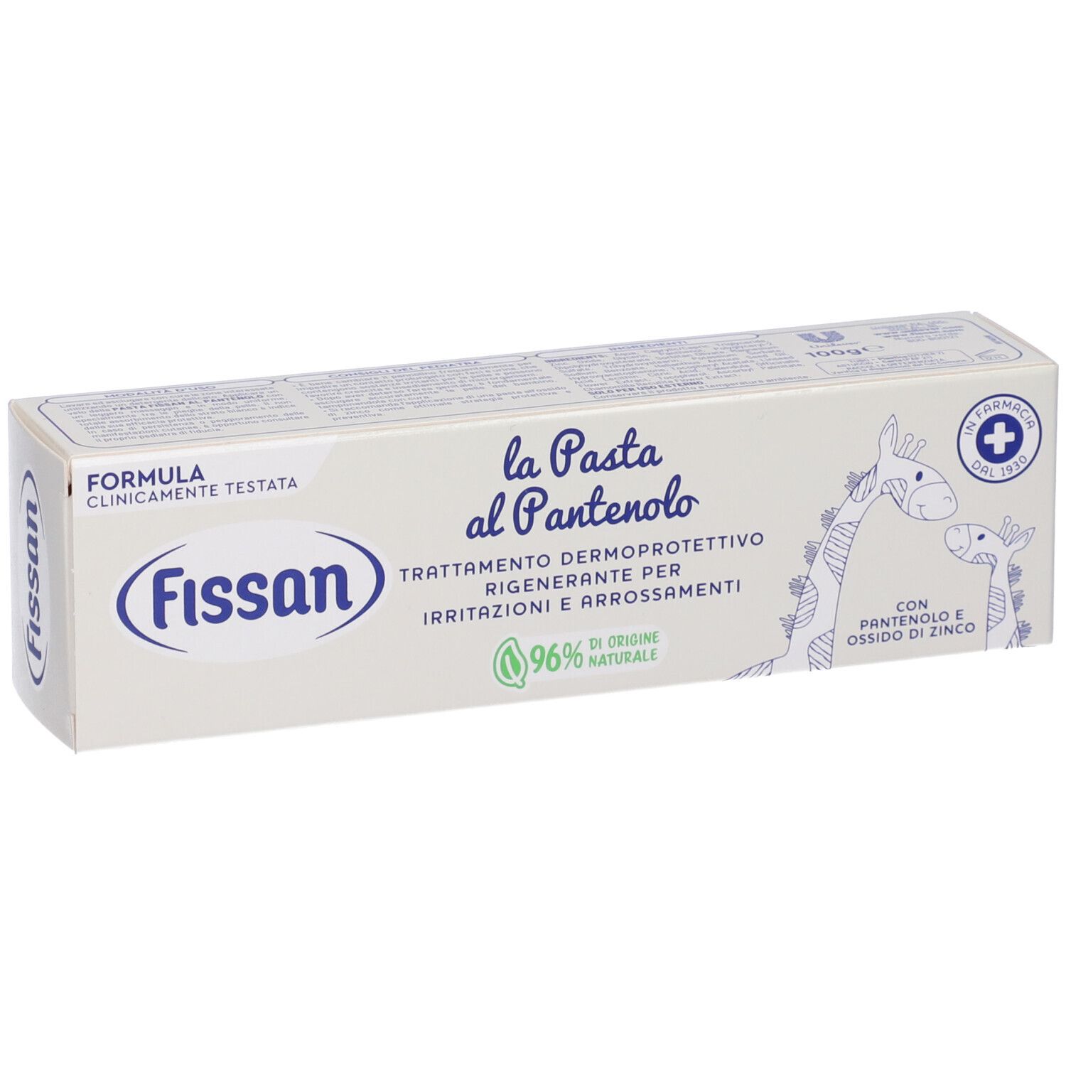 Fissan Pasta al Pantenolo-Verpackung. Weiße Schachtel mit Produktnamen und Logo. Nahaufnahme.