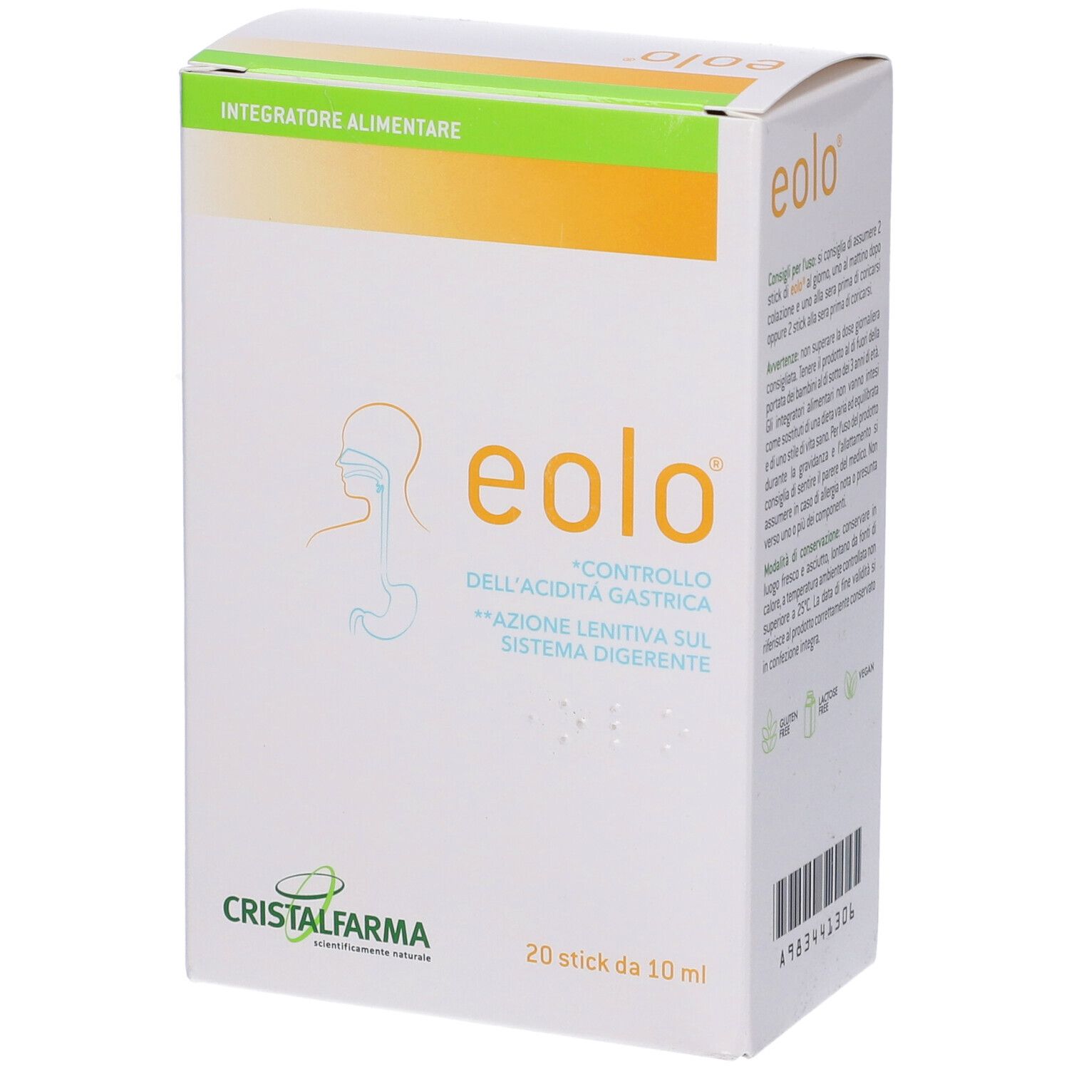 Boîte "eolo" avec logo et texte. Contient 20 sticks de 10 ml. Marque : CristalFarama. Accents vert et orange.