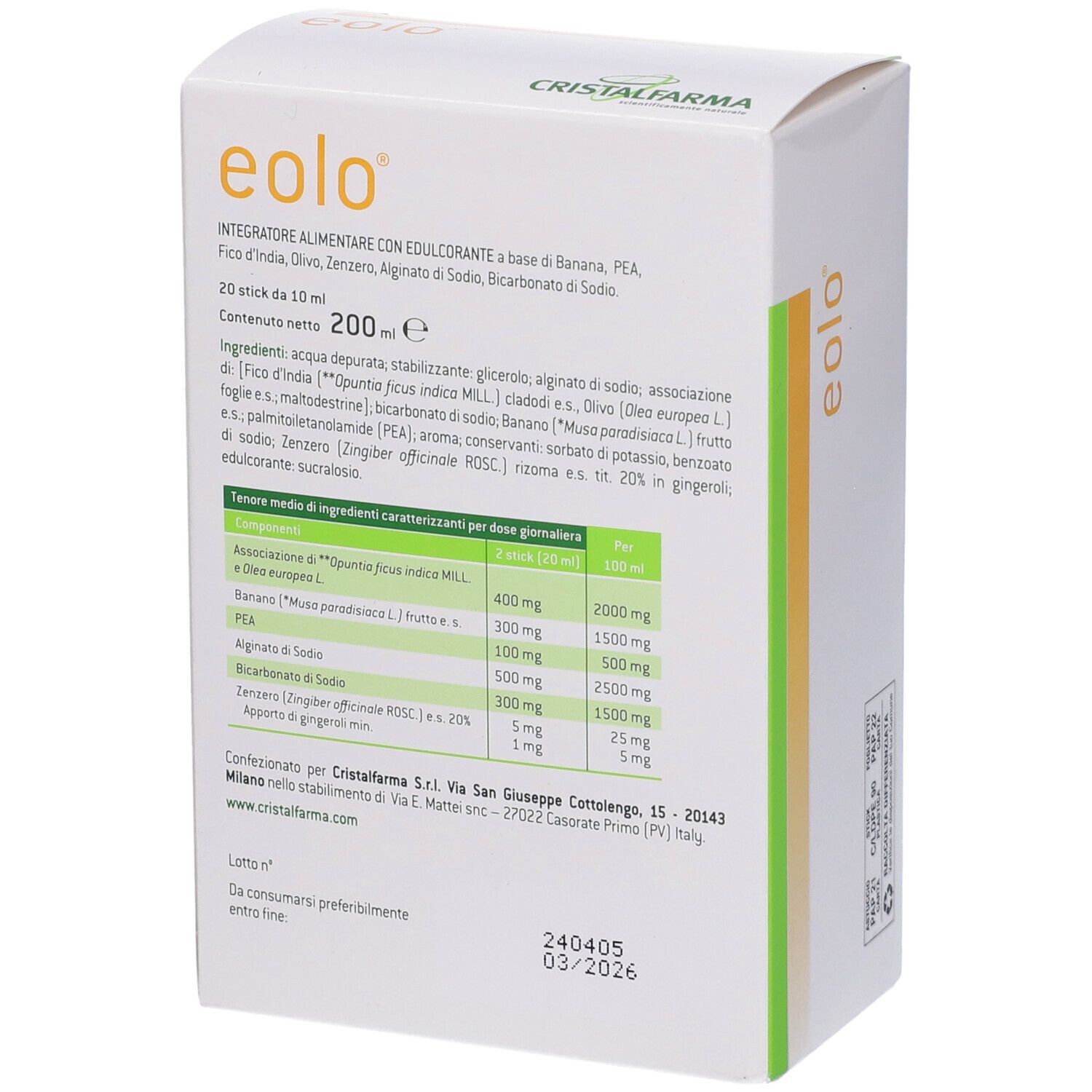 Dos de la boîte "eolo". Texte avec ingrédients et informations nutritionnelles. Marque : CristalFarama. 200 ml.