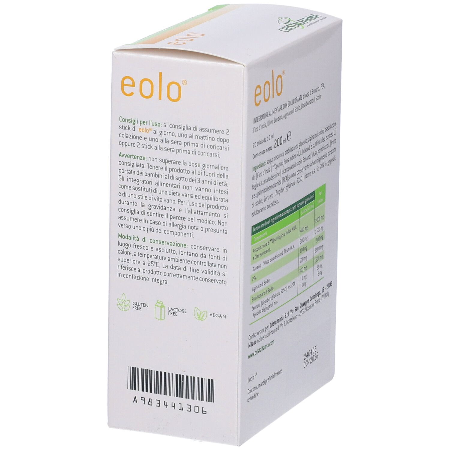 Dos de la boîte "eolo". Texte avec conseils d'utilisation et date de péremption. Marque : CristalFarama.