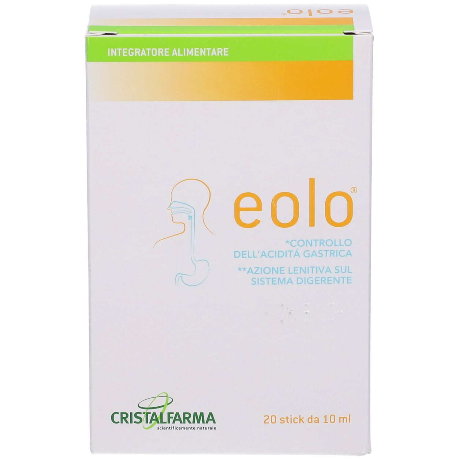 Face avant de la boîte "eolo". Logo et texte. Contient 20 sticks de 10 ml. Marque : CristalFarama. Accents vert et orange.
