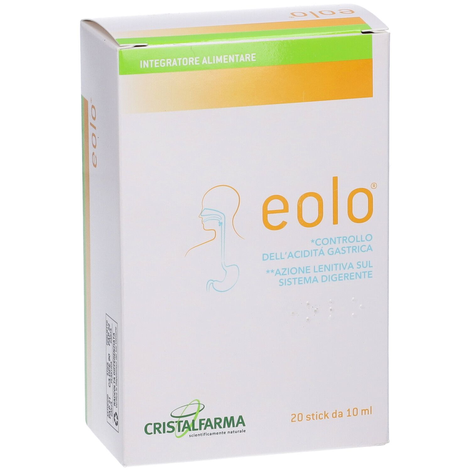 Vue en biais de la boîte "eolo". Logo et texte. Contient 20 sticks de 10 ml. Marque : CristalFarama. Accents vert et orange.