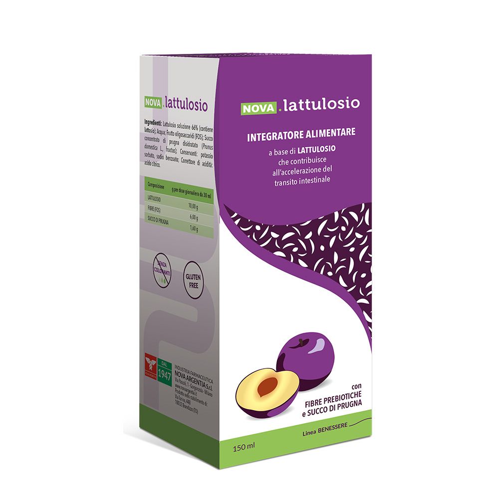 Verpackung von NOVA.LATTULOSIO. Lila und weiß, mit Pflaumen-Illustration. Glutenfrei.