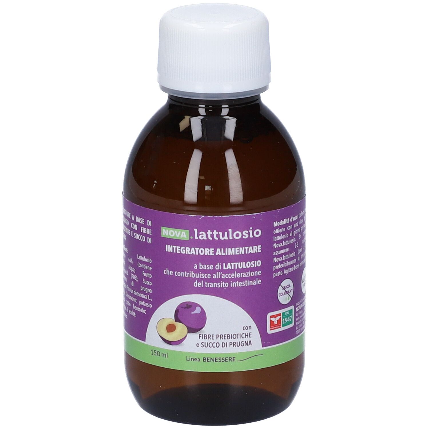 Braune Flasche mit weißem Deckel. Etikett mit NOVA.LATTULOSIO-Informationen. 150ml.