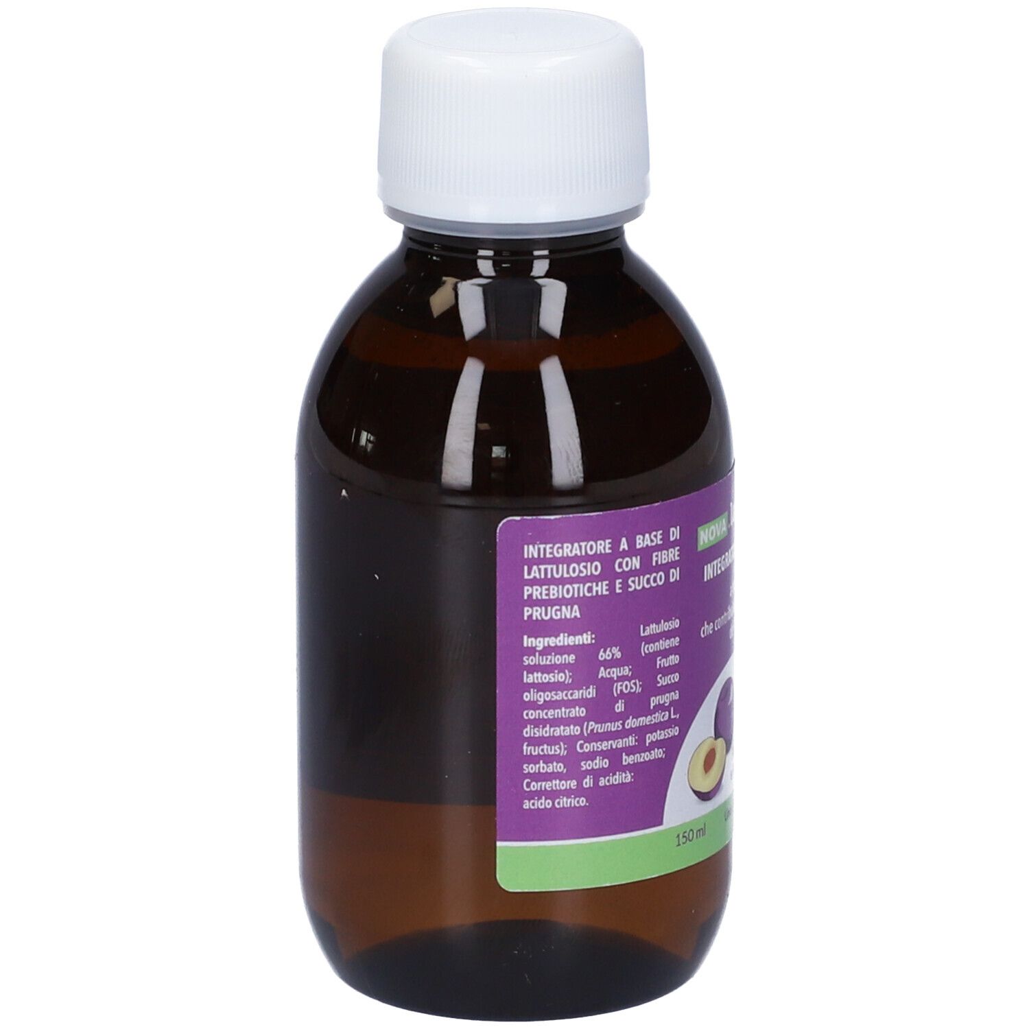 Braune Flasche mit weißem Deckel. Etikett mit NOVA.LATTULOSIO-Informationen. 150ml.