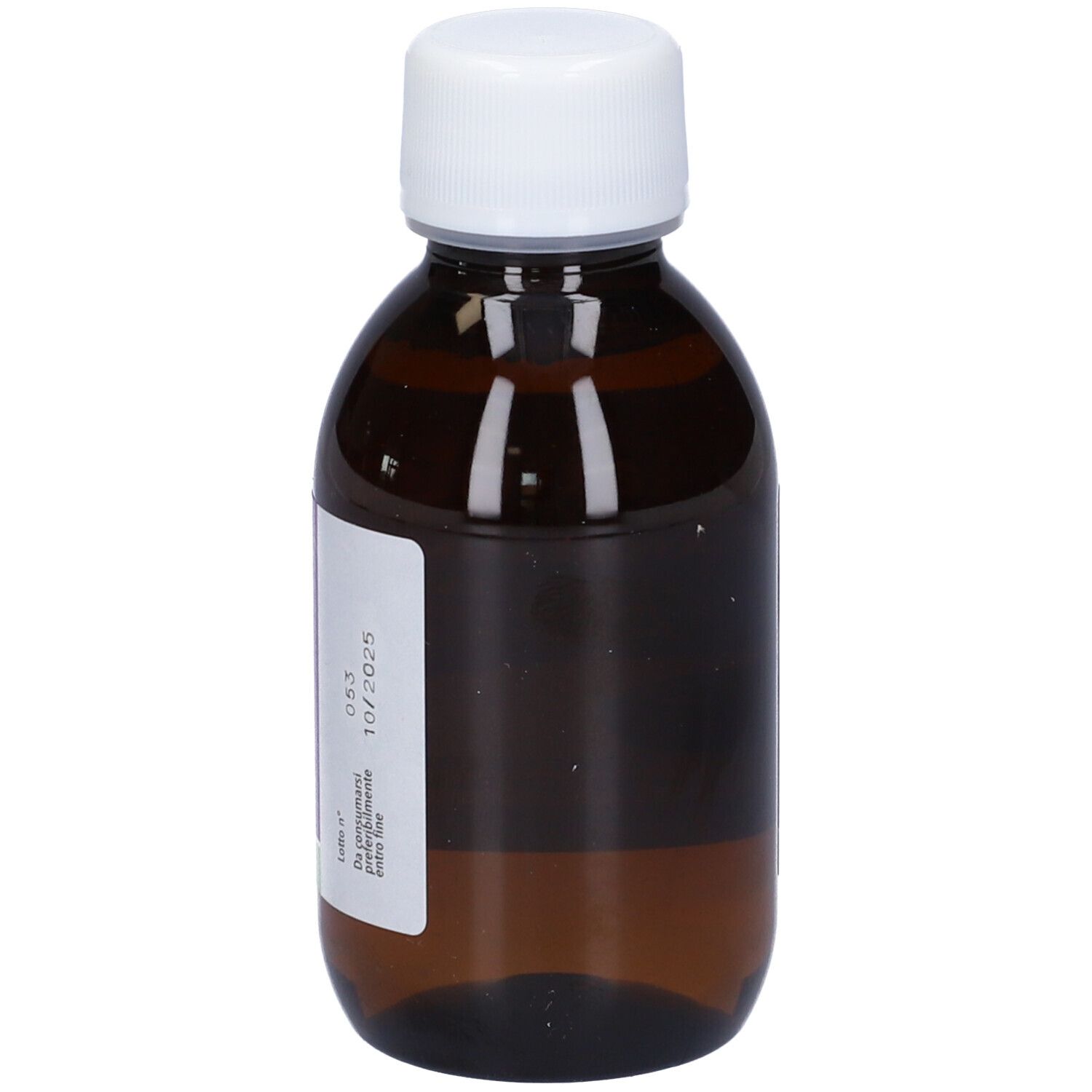 Braune Flasche mit weißem Deckel. Etikett mit Haltbarkeitsdatum. 150ml.