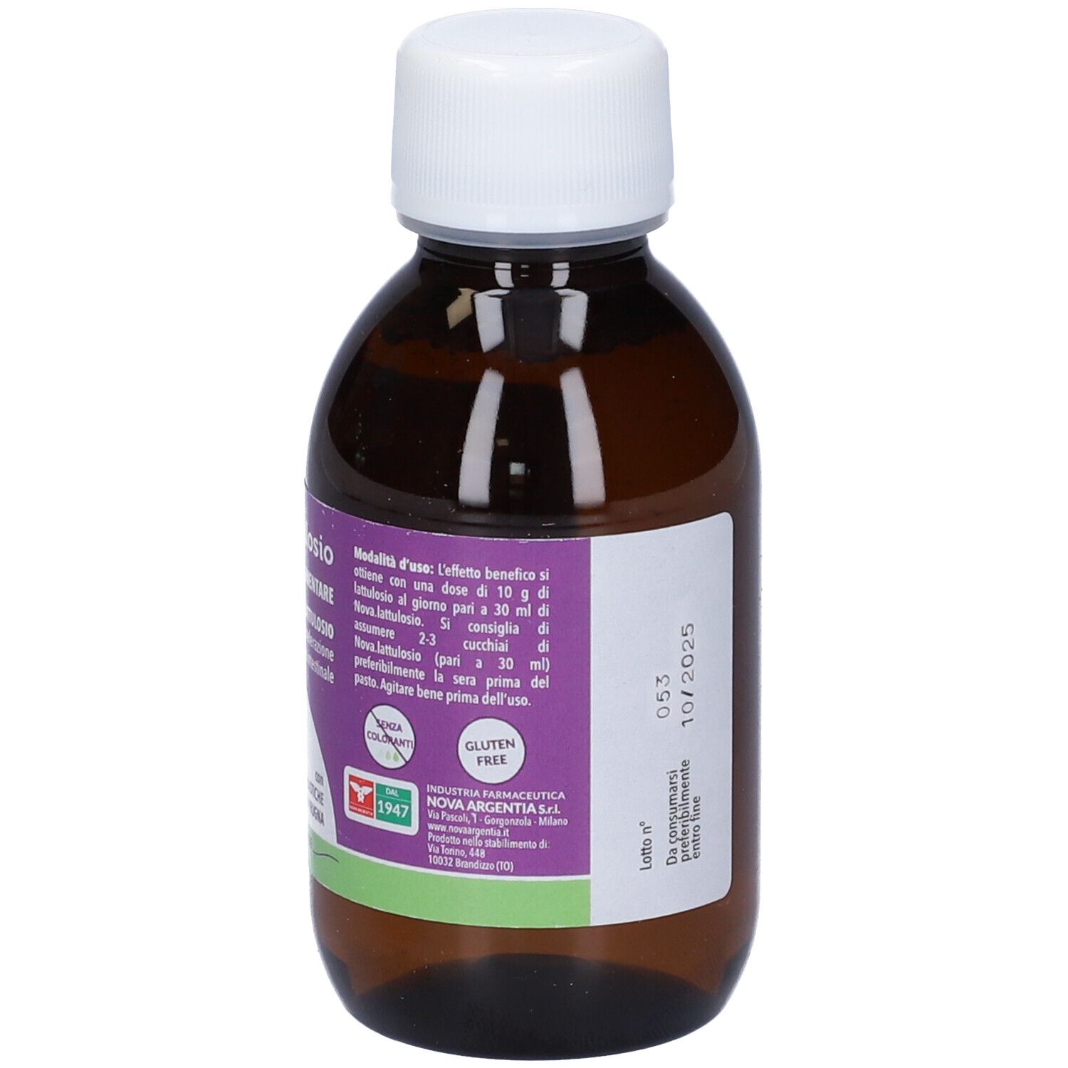 Braune Flasche mit weißem Deckel. Etikett mit NOVA.LATTULOSIO-Informationen. 150ml.